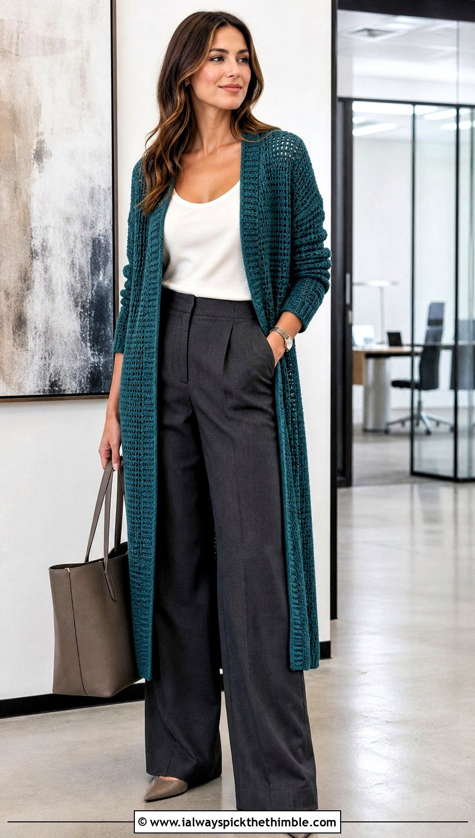 Longline Open Front Single Crochet Cardigan With Tailored Trousers - 20 single crochet cardigan outfit ideas