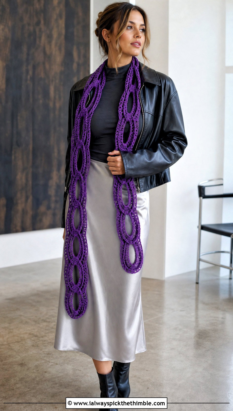 Longline Open Link Crochet Scarf With Satin Slip Skirt - 15 Chain Link Crochet Scarf outfit ideas