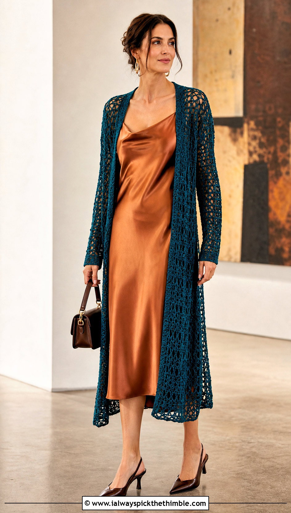 Longline Openwork Crochet Cardigan With Slip Dress - 15 classic crochet cardigan outfit ideas