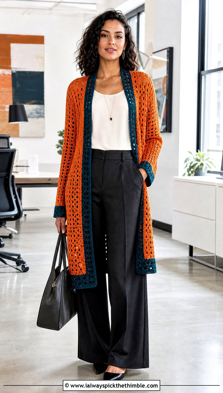 Longline Openwork Crochet Cardigan With Tailored Trousers - 15 crochet cardigan with blue accents outfit ideas