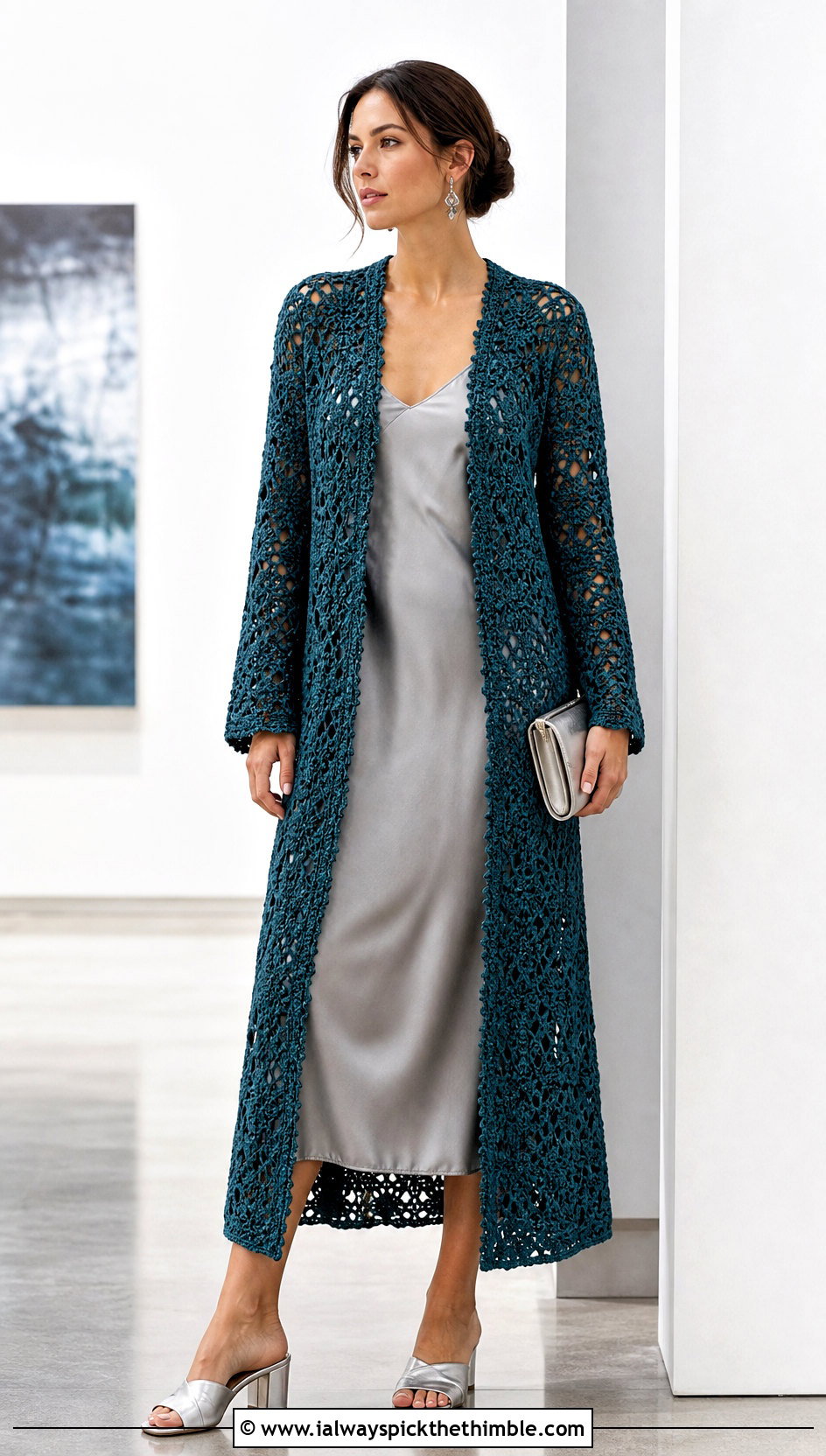 Longline Openwork Crochet Coat With Slip Dress - 15 beginner crochet coat outfit ideas