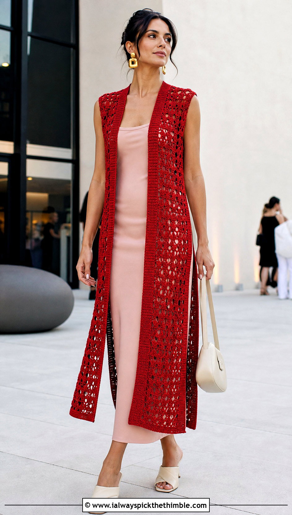 Longline Openwork Crochet Shawl Vest With Column Dress - 20 crochet shawl vest outfit ideas