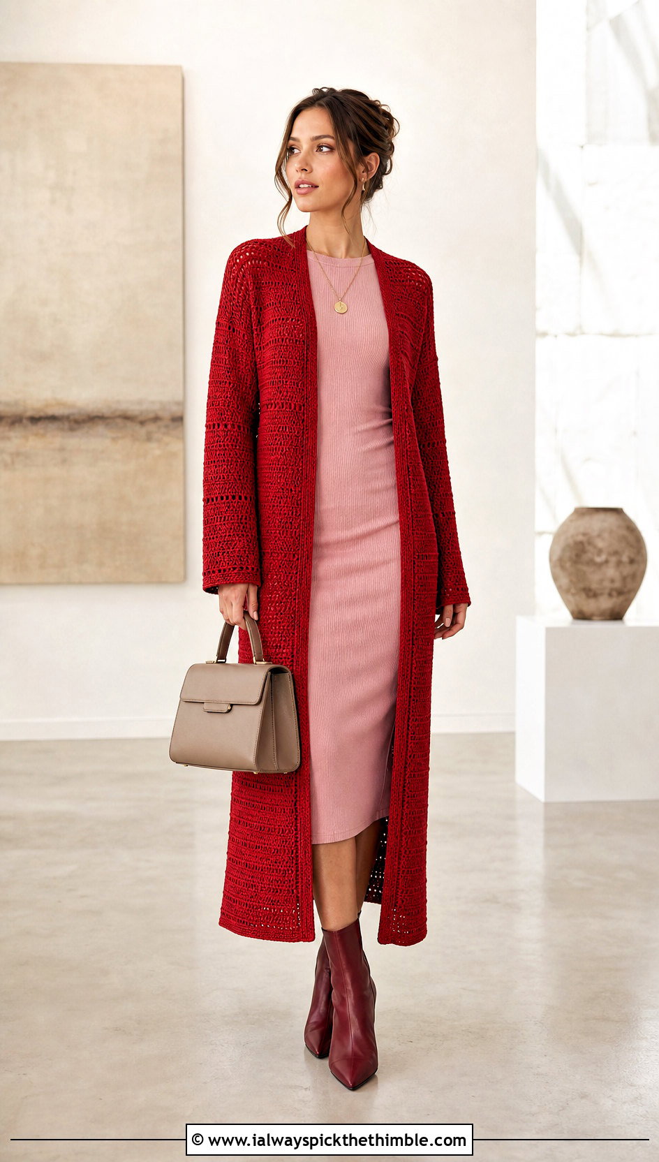 Longline Panel Rectangle Cardigan With Column Dress - 15 Crochet Rectangle Cardigan outfit ideas