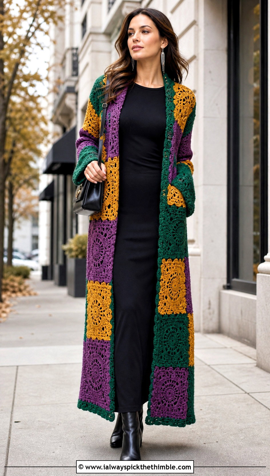 Longline Patchwork Crochet Cardigan Sweater With Column Dress - 25 patchwork crochet sweater outfit ideas
