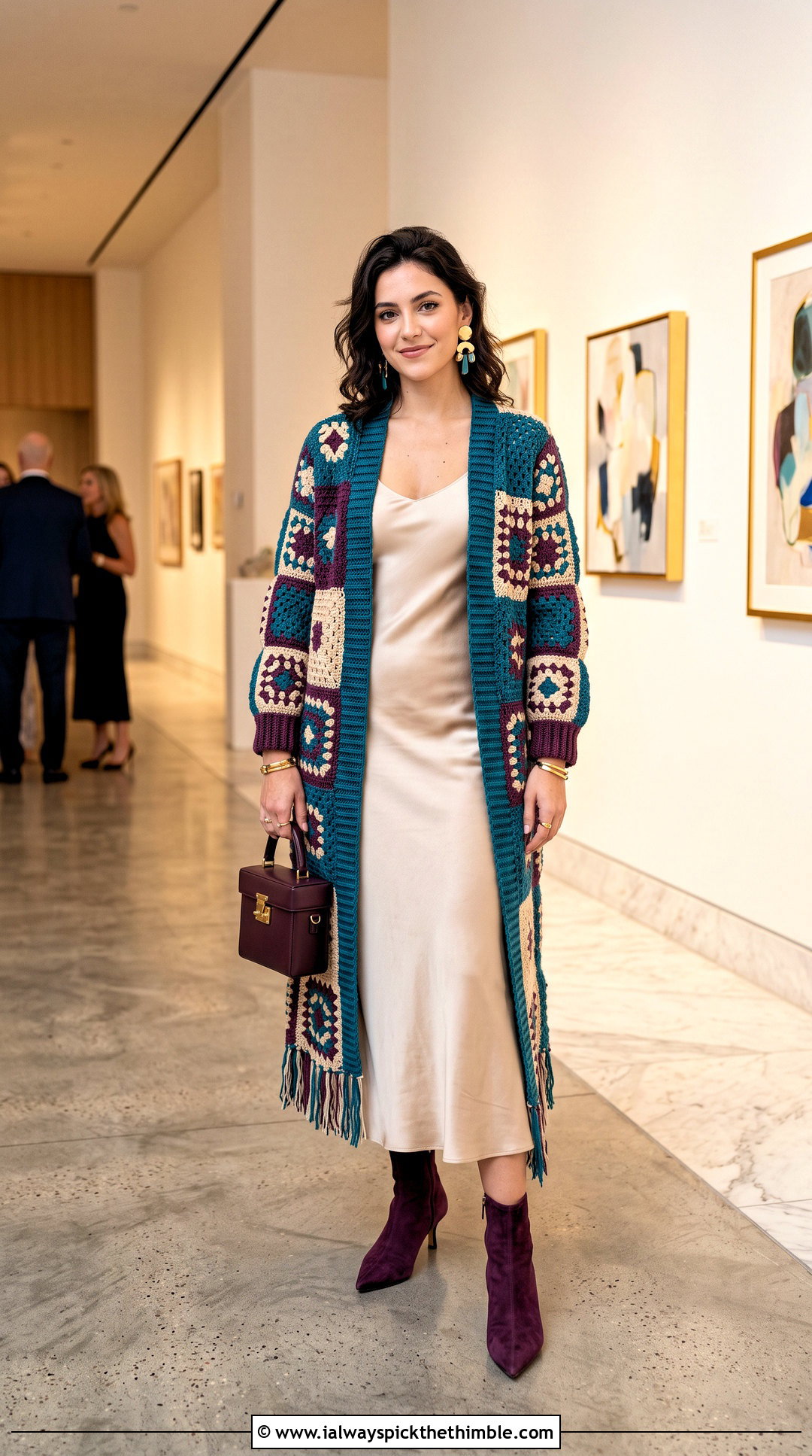 Longline Patchwork Crochet Cardigan With Slip Dress - 15 harry styles patchwork crochet cardigan outfit ideas