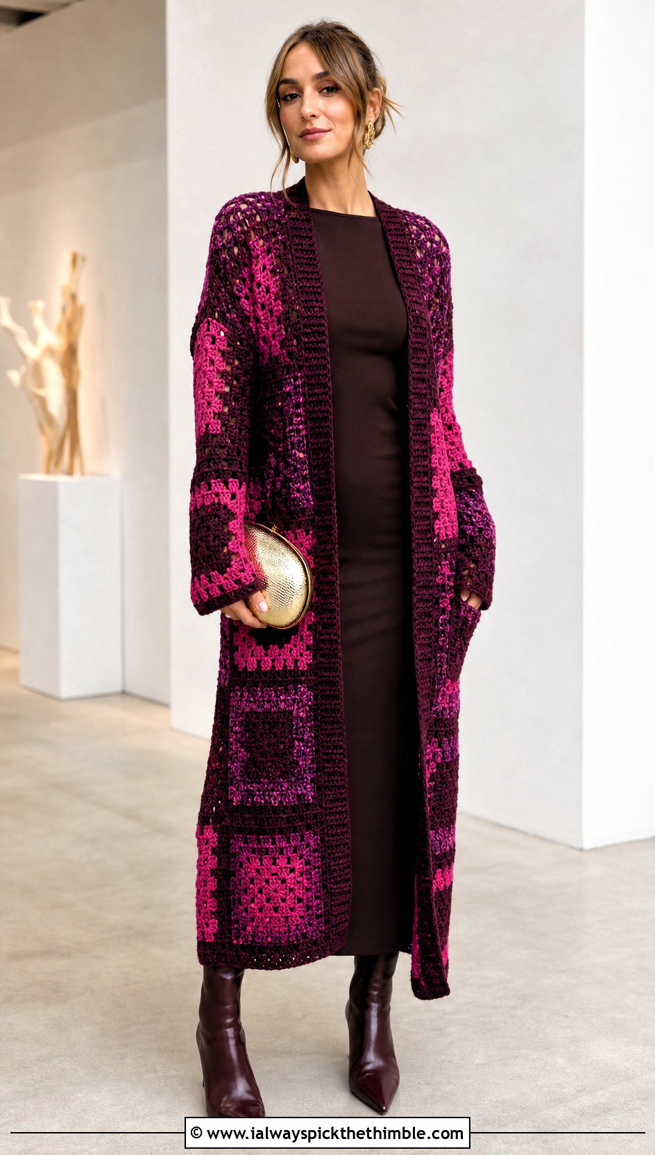 Longline Patchwork Harry Styles Cardigan With Column Dress - 15 Crocheting Harry Styles Cardigan outfit ideas
