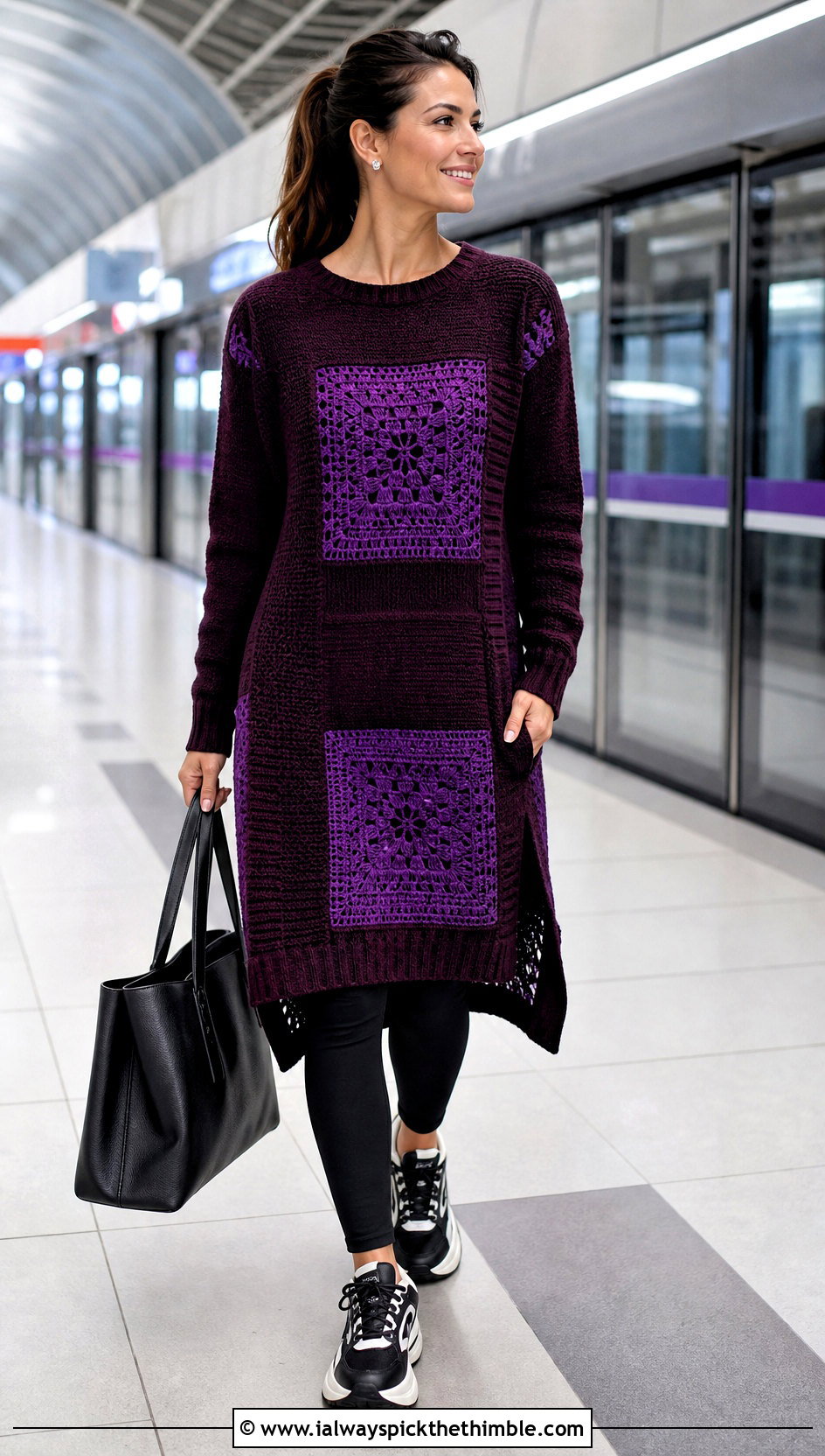 Longline Patchwork Tunic Sweater With Leggings - 20 crochet patchwork sweater outfit ideas