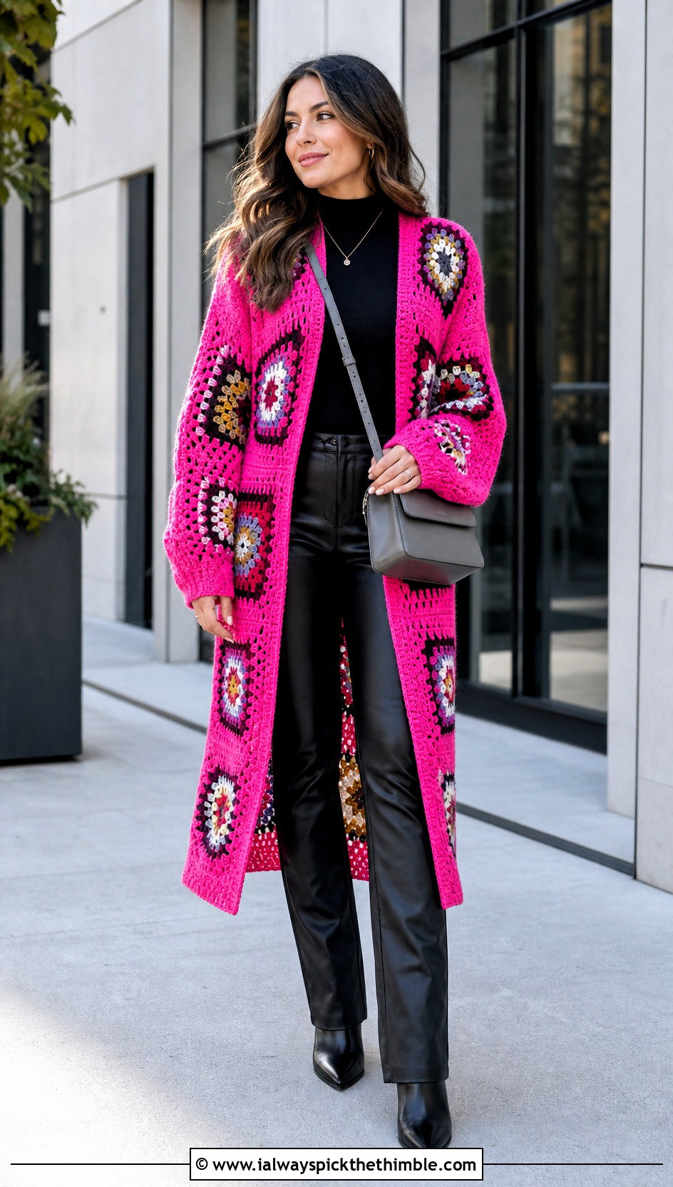 Longline Pentagon Granny Square Cardigan With Leather Pants - 20 Pentagon Granny Square Cardigan outfit ideas