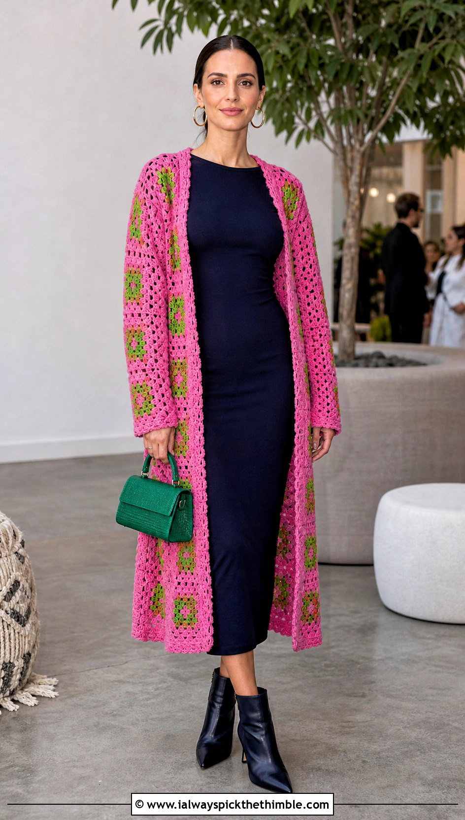 Longline Pink Granny Square Cardigan With Column Dress - 25 pink granny square cardigan outfit ideas