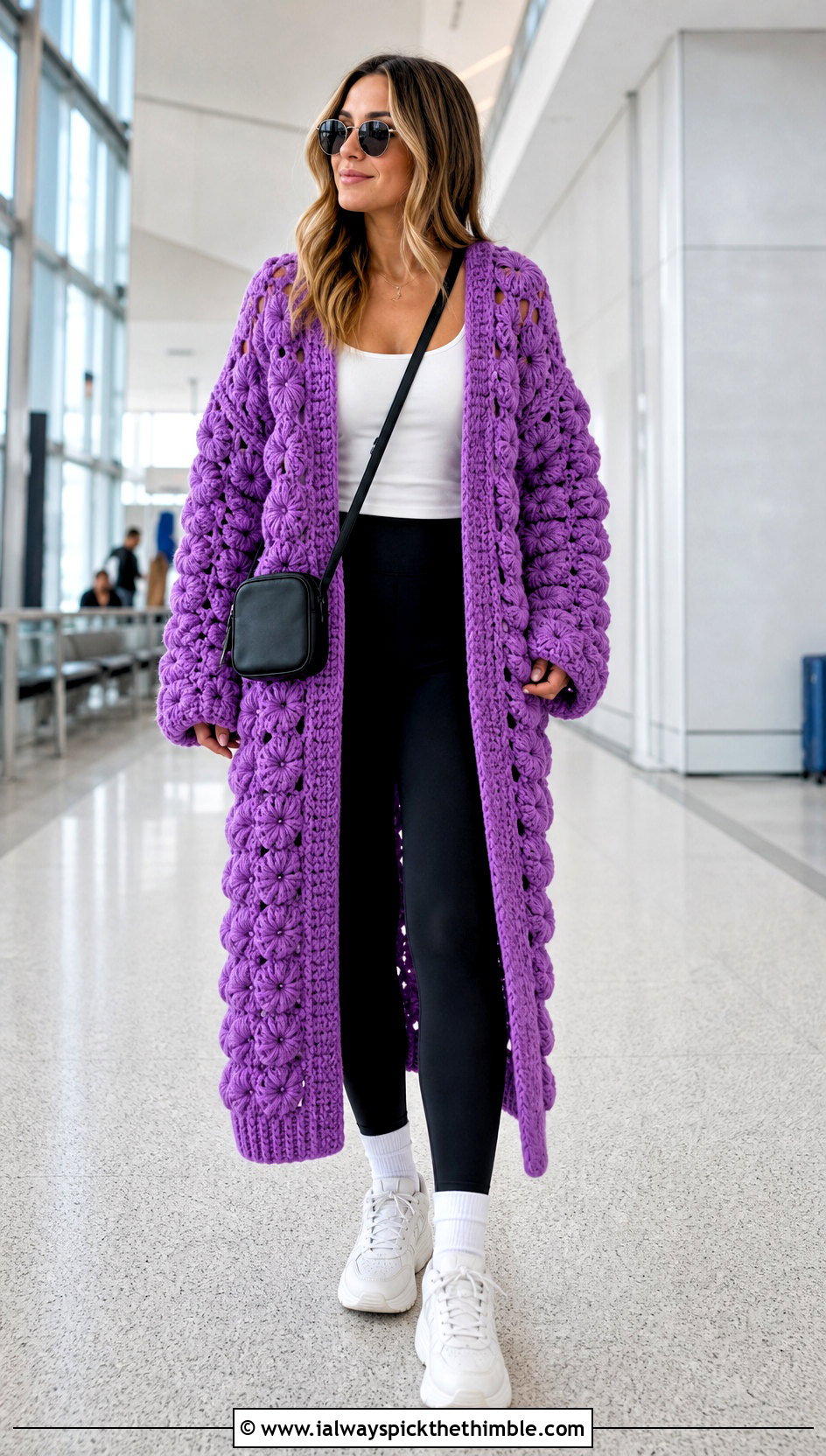Longline Puff Flower Crochet Cardigan With Leggings - 20 puff flower crochet cardigan outfit ideas