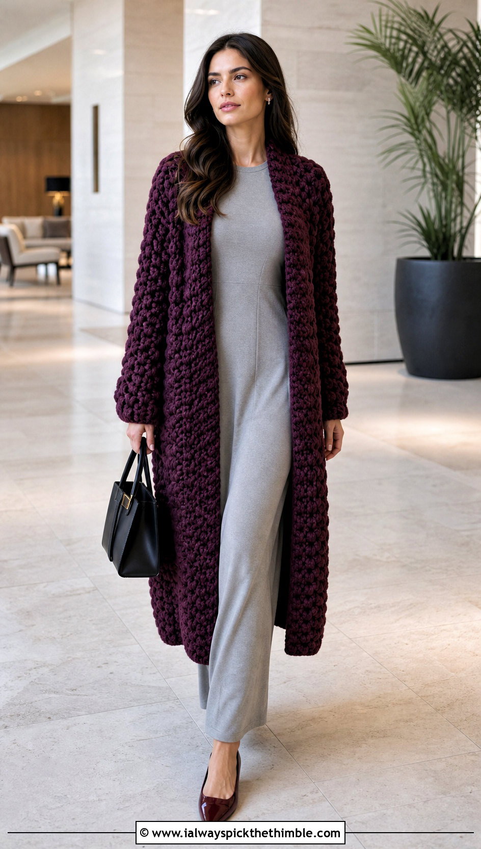 Longline Puffy Crochet Cardigan With Column Dress - 20 puffy crochet cardigan outfit ideas