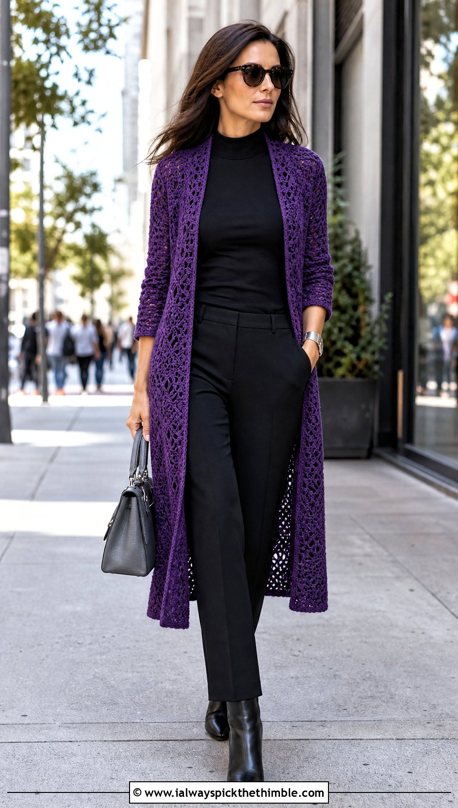 Longline Purple Crochet Cardigan With Black Column Outfit - 15 purple crochet cardigan on hanger outfit ideas