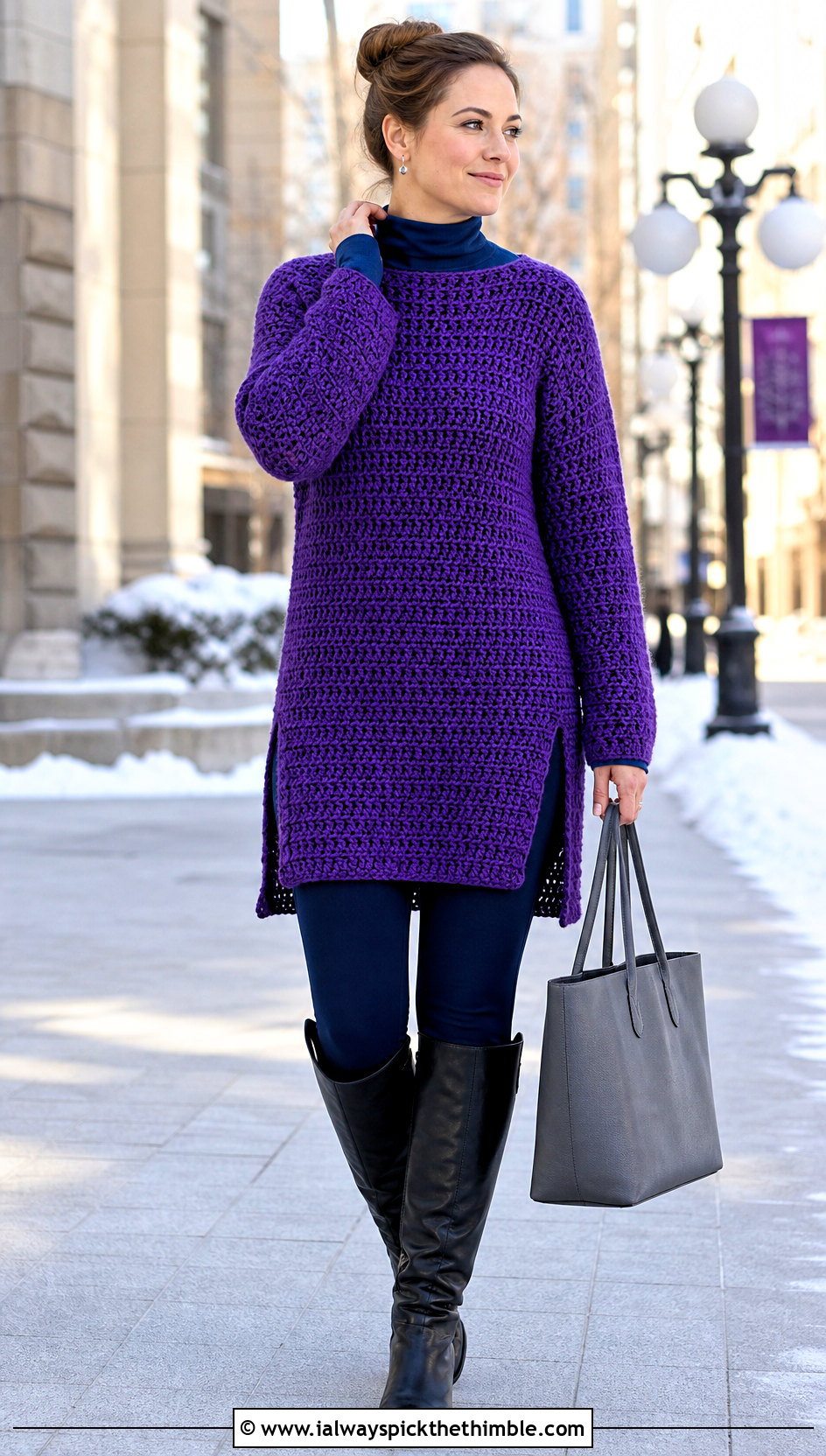 Longline Purple Crochet Sweater With Leggings And Tall Boots - 20 Crochet Purple Sweater outfit ideas