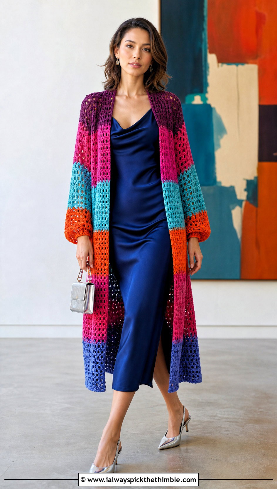 Longline Rainbow Crochet Cardigan With Slip Dress - 20 Rainbow Crochet Cardigan outfit ideas