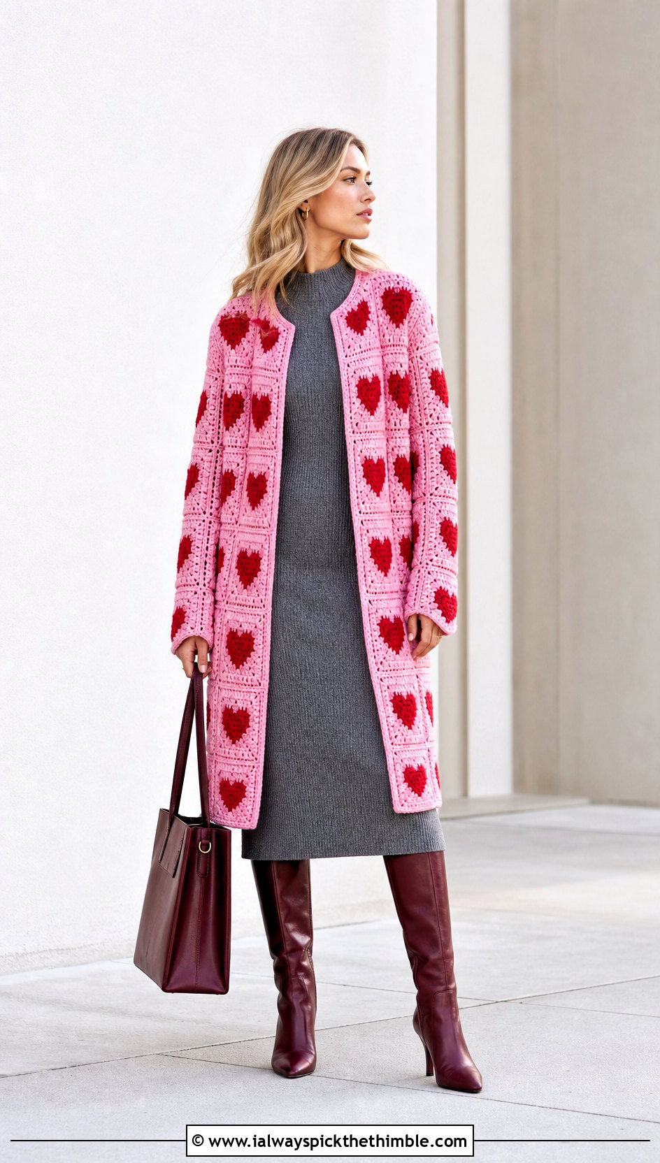 Longline Red Heart Granny Square Cardigan With Knit Column Dress - 15 red heart granny square cardigan outfit ideas