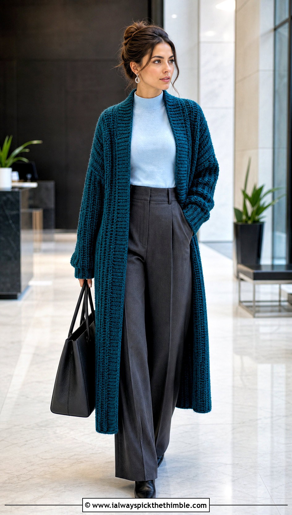 Longline Ribbed Bulky Crochet Cardigan With Tailored Trousers - 20 Bulky Crochet Cardigan outfit ideas