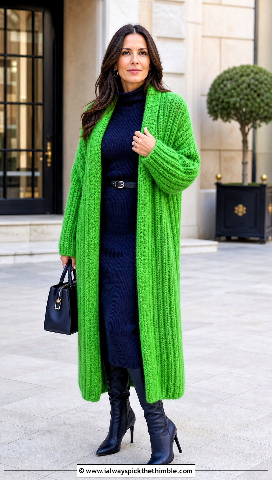 Longline Ribbed Crochet Cardigan With Fitted Knit Dress - 20 Thick Yarn Crochet Cardigan outfit ideas