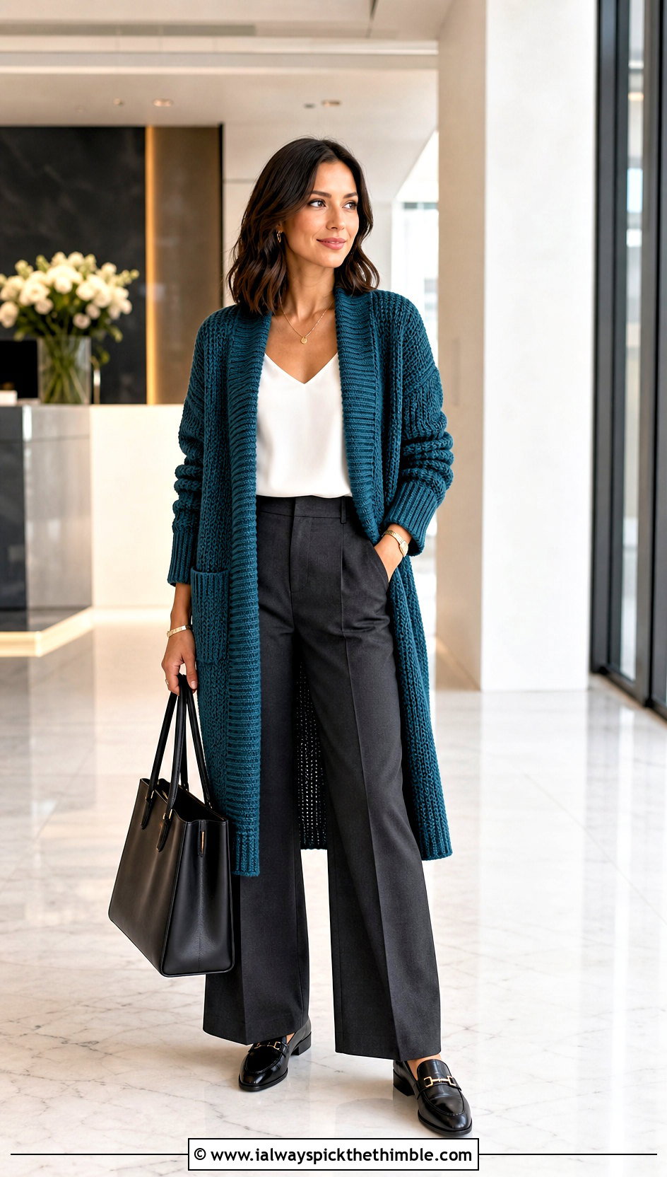Longline Ribbed Crochet Cardigan With Tailored Trousers - 15 very easy crochet cardigan outfit ideas