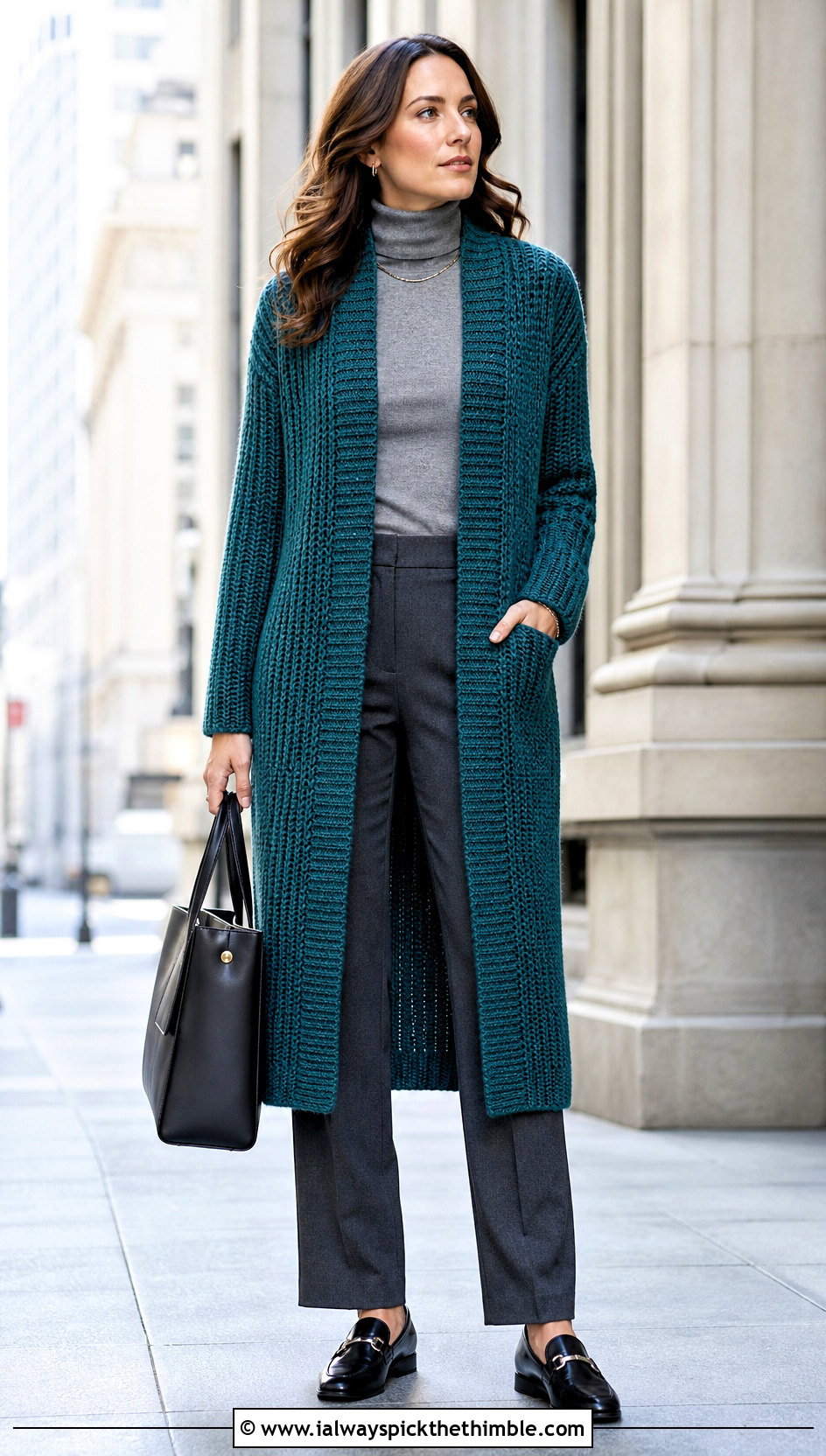 Longline Ribbed Crochet Coatigan With Tailored Trousers - 20 crochet winter cardigan outfit ideas