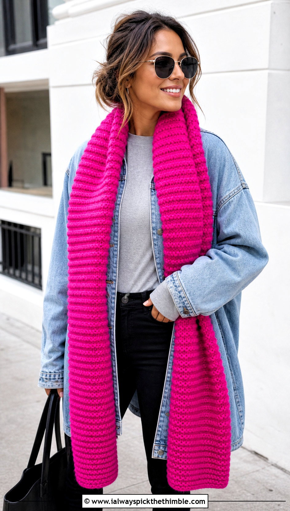 Longline Ribbed Crochet Scarf With Denim Jacket - 20 Ribbed Crochet Scarf outfit ideas