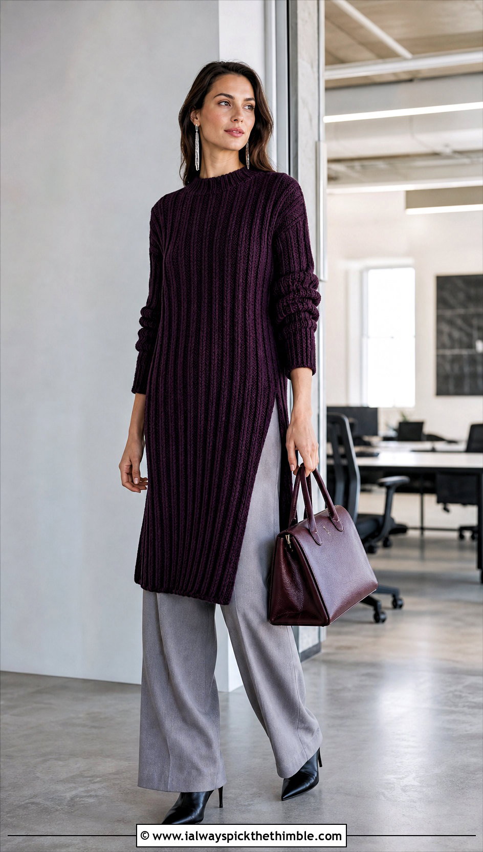 Longline Ribbed Crochet Sweater With Tailored Wide Leg Pants - 20 Ribbed Crochet Sweater outfit ideas