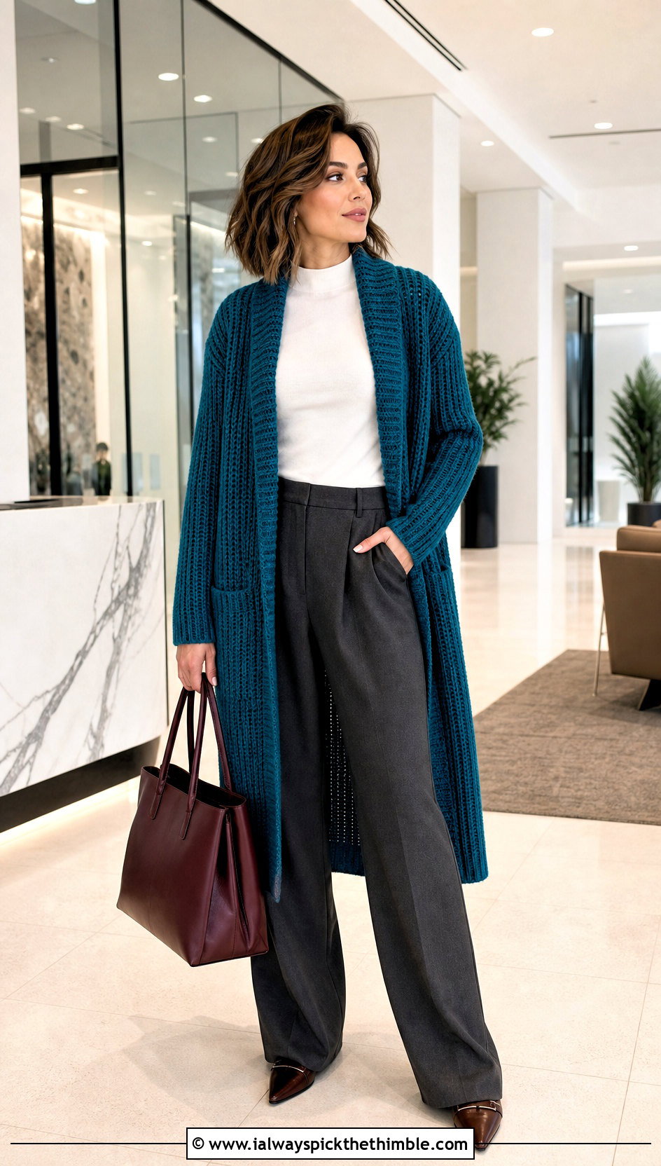 Longline Ribbed Slouchy Crochet Cardigan With Tailored Trousers - 20 Slouchy Crochet Cardigan outfit ideas