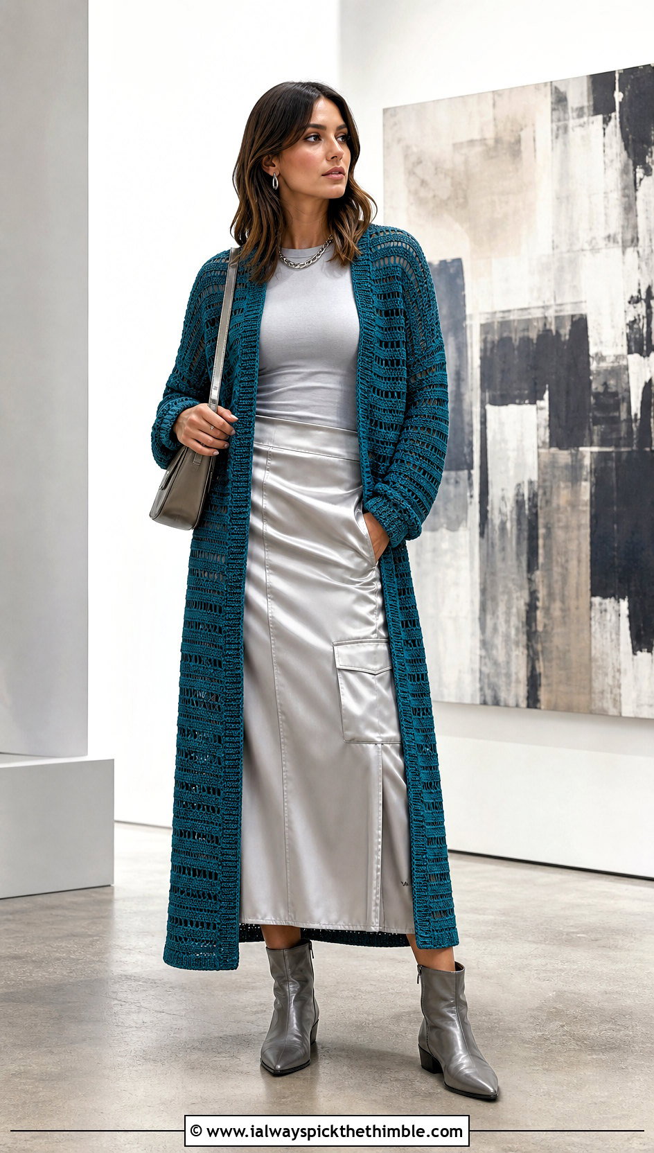 Longline Riverbed Crochet Cardigan With Satin Cargo Skirt - 20 riverbed crochet cardigan outfit ideas