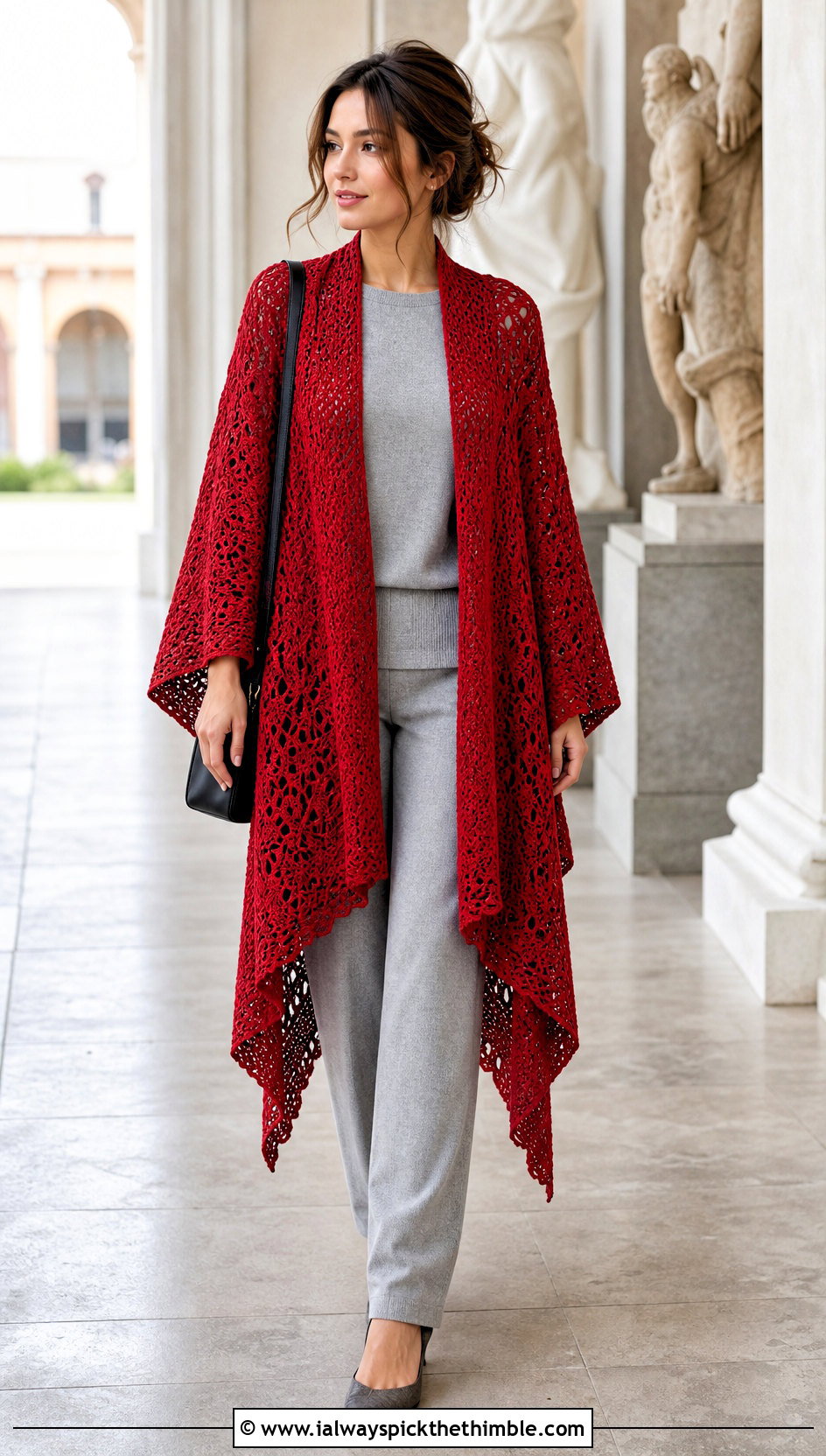 Longline Ruana Crochet Poncho With Monochrome Separates - 20 Crochet Fall Poncho outfit ideas