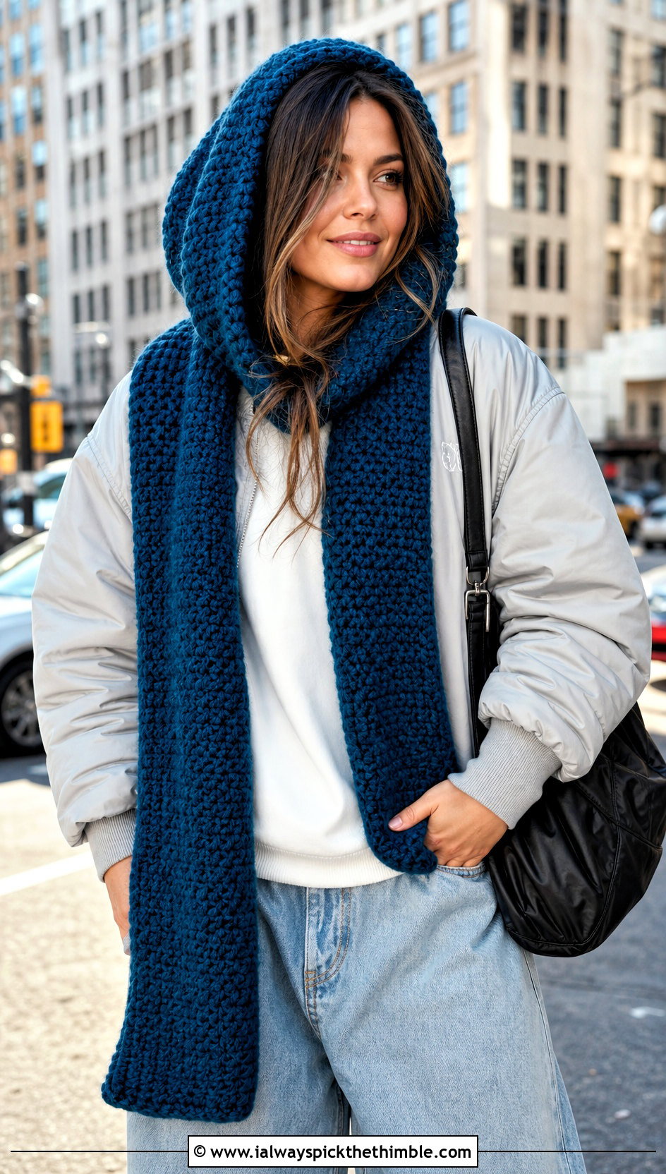 Longline Scarf Crochet Cowl Hood With Bomber Jacket - 20 crochet cowl hood outfit ideas