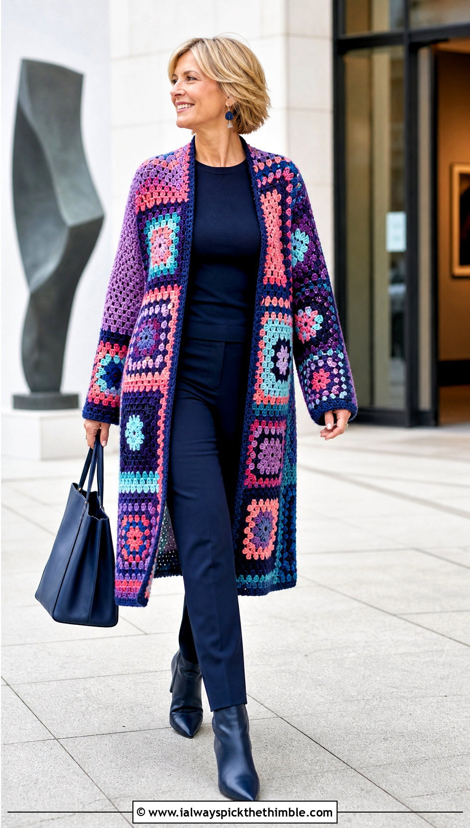 Longline Scrap Yarn Patchwork Cardigan With Monochrome Basics - 20 crochet patch work cardigan outfit ideas