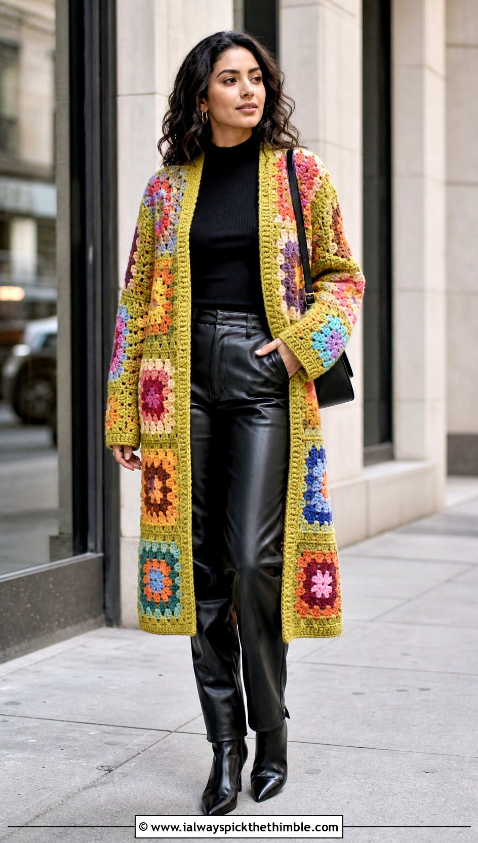 Longline Scrap Yarn Square Patch Cardigan With Leather Pants - 20 Square Patch Crochet Cardigan outfit ideas