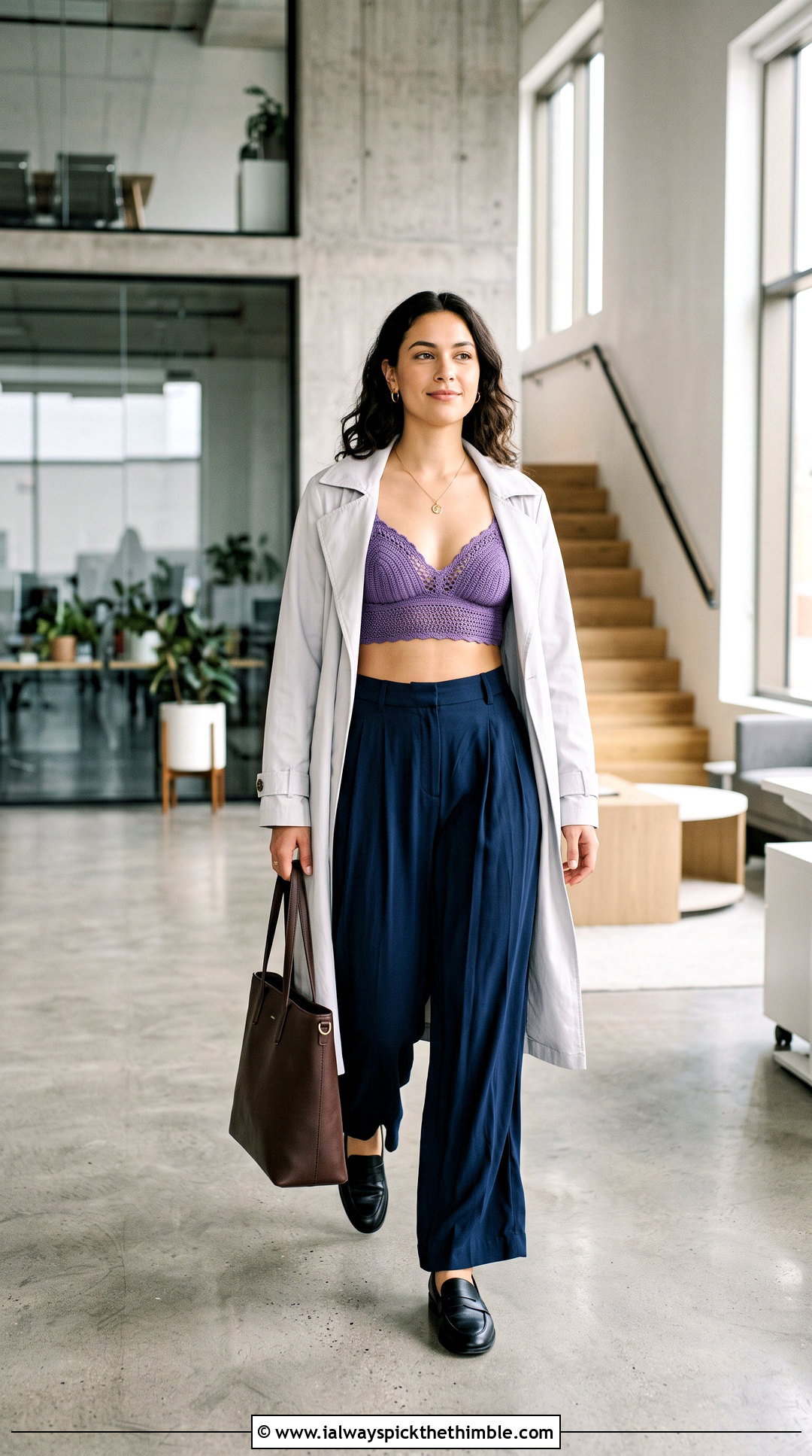 Longline Shell Bra With Pleated Trousers - 20 crochet shell bra outfit ideas
