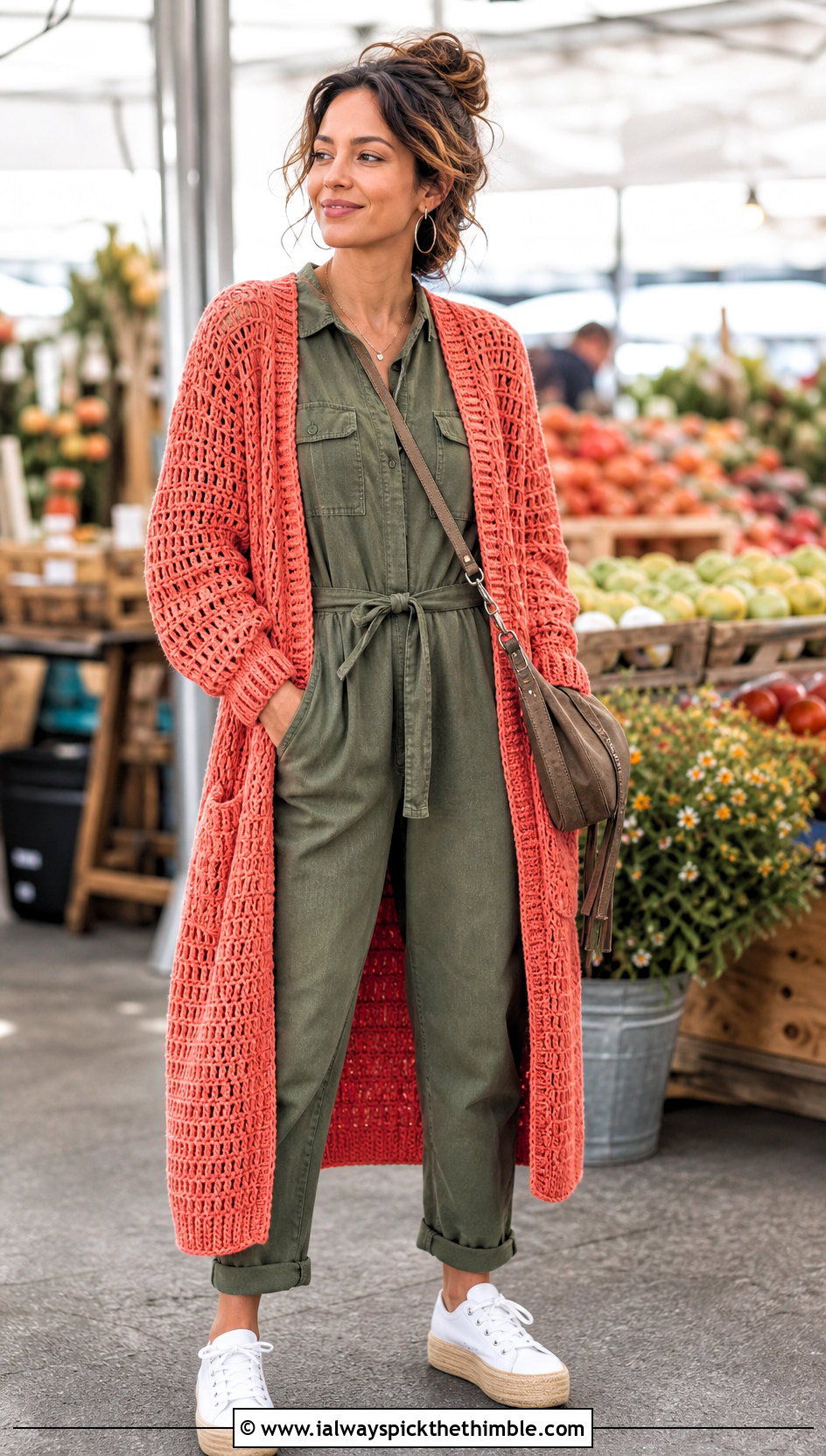 Longline Side Pocket Raglan Crochet Sweater With Jumpsuit - 15 pocket raglan crochet sweater outfit ideas
