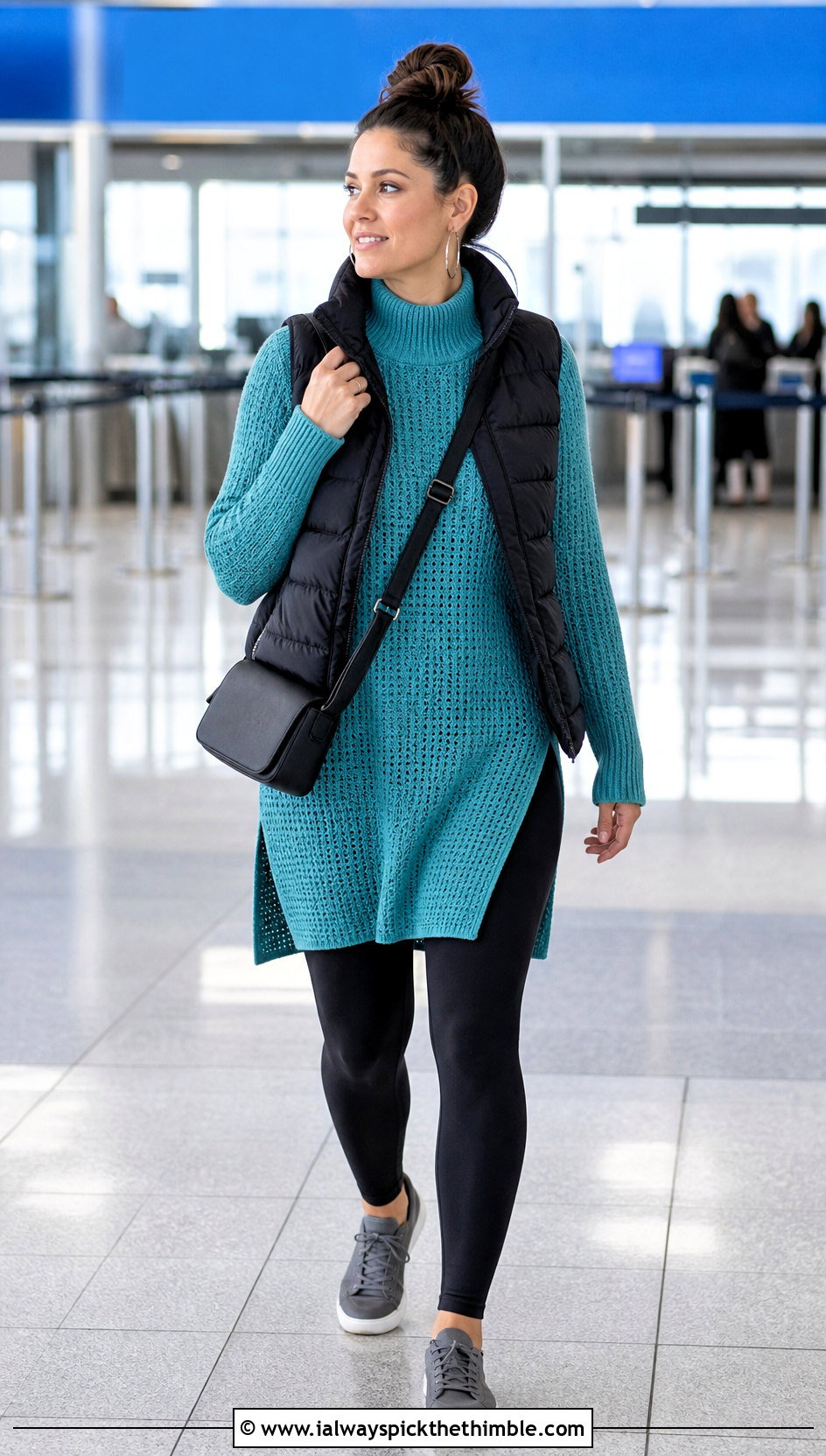 Longline Side Slit Crochet Mock Neck Sweater With Leggings - 20 Crochet Mock Neck Sweater outfit ideas