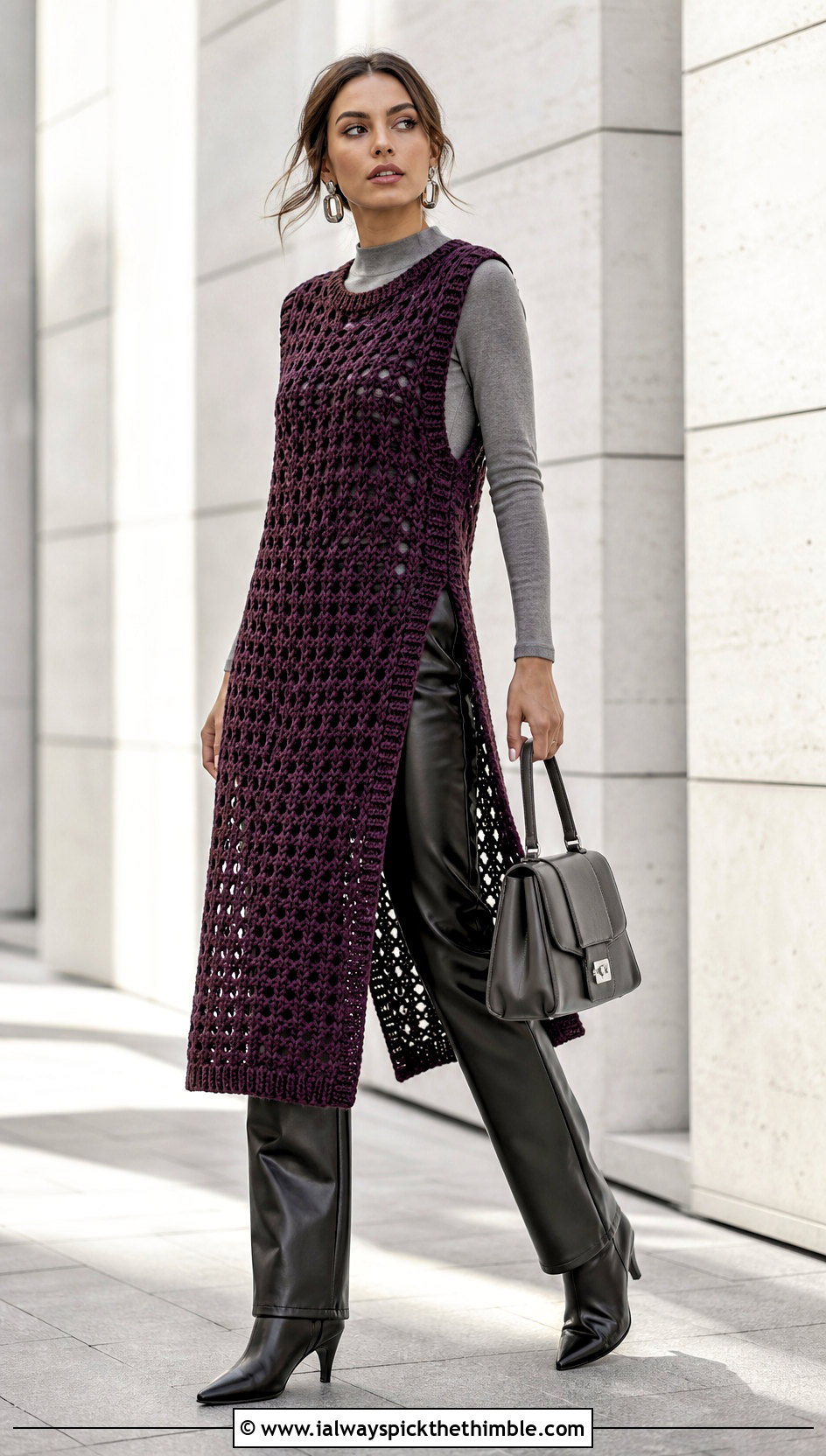 Longline Side Slit Crochet Pullover Vest With Leather Pants - 15 crochet pullover vest outfit ideas