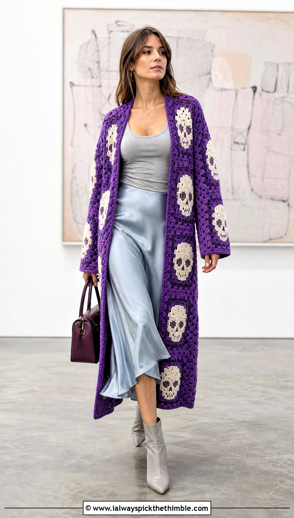 Longline Skull Granny Square Cardigan With Satin Slip Skirt - 20 skull granny square cardigan outfit ideas