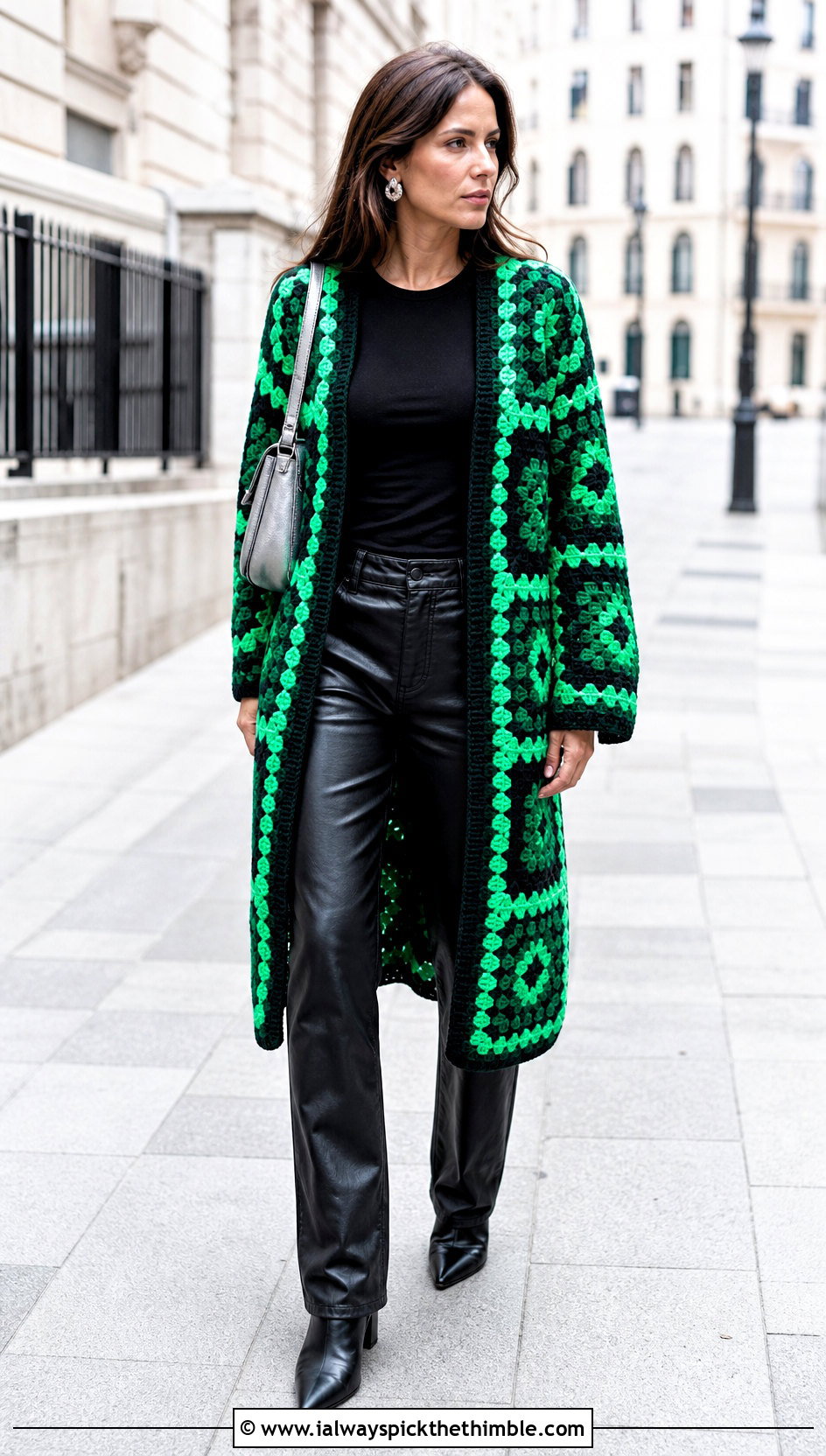 Longline Small Granny Square Cardigan With Leather Pants - 20 Small Granny Square Cardigan outfit ideas