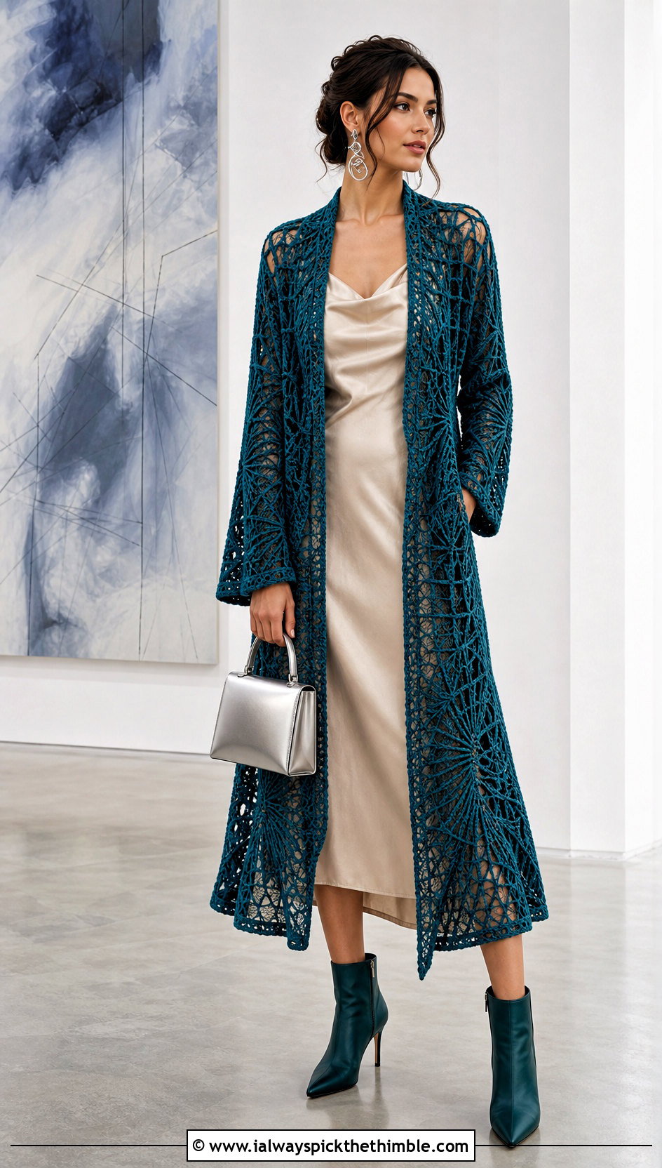 Longline Spider Web Cardigan With Slip Dress - 20 Crochet Spider Web Cardigan outfit ideas