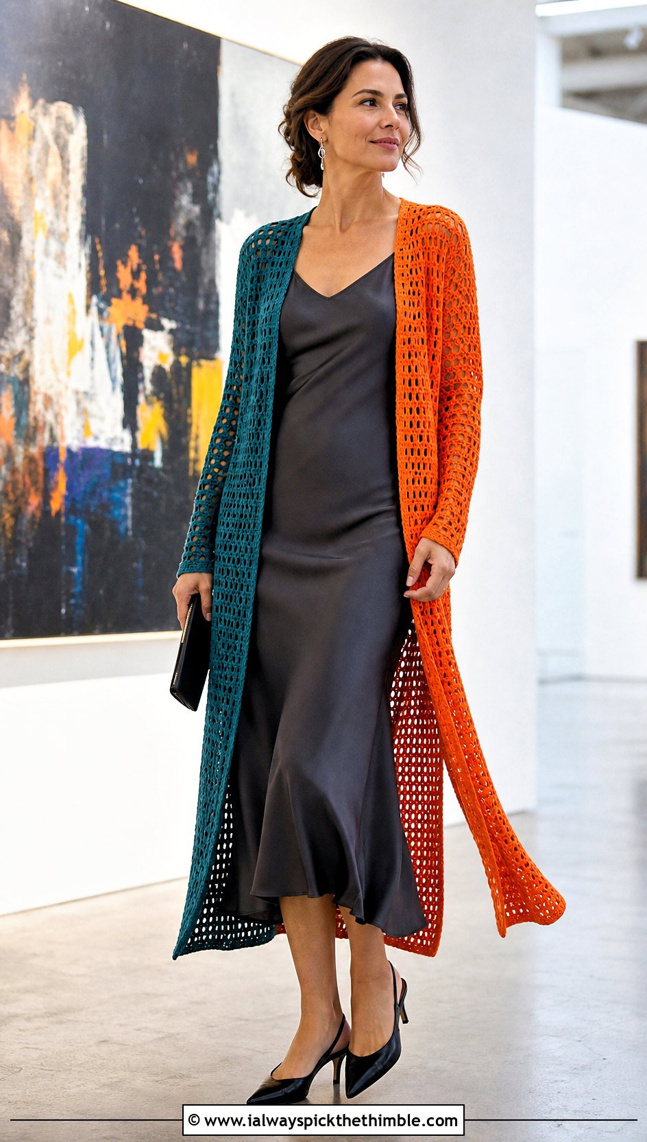 Longline Split Color Crochet Cardigan With Slip Dress - 15 Split Color Crochet Cardigan outfit ideas