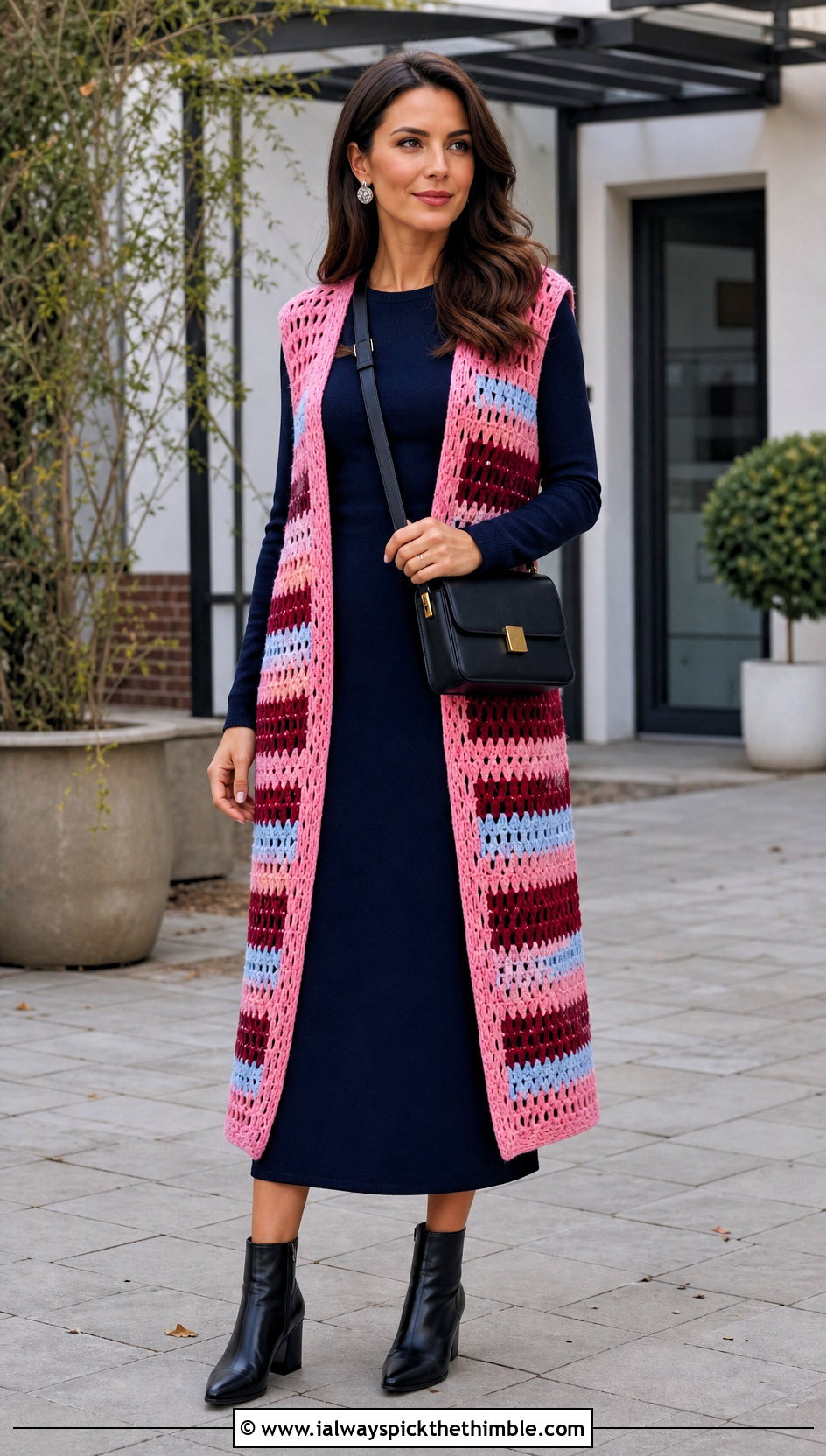 Longline Stripe Crochet Vest With Column Dress - 20 crochet vest stripes outfit ideas