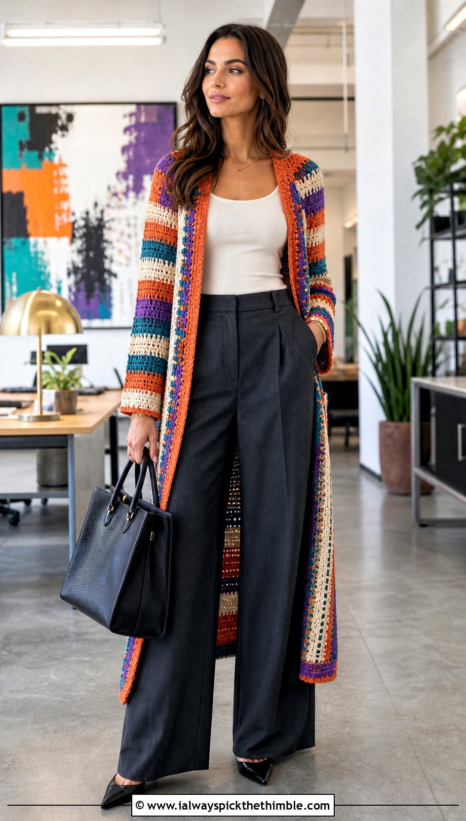Longline Striped Cardigan With Wide Leg Trousers - 15 colorful crocheted cardigan on hook outfit ideas
