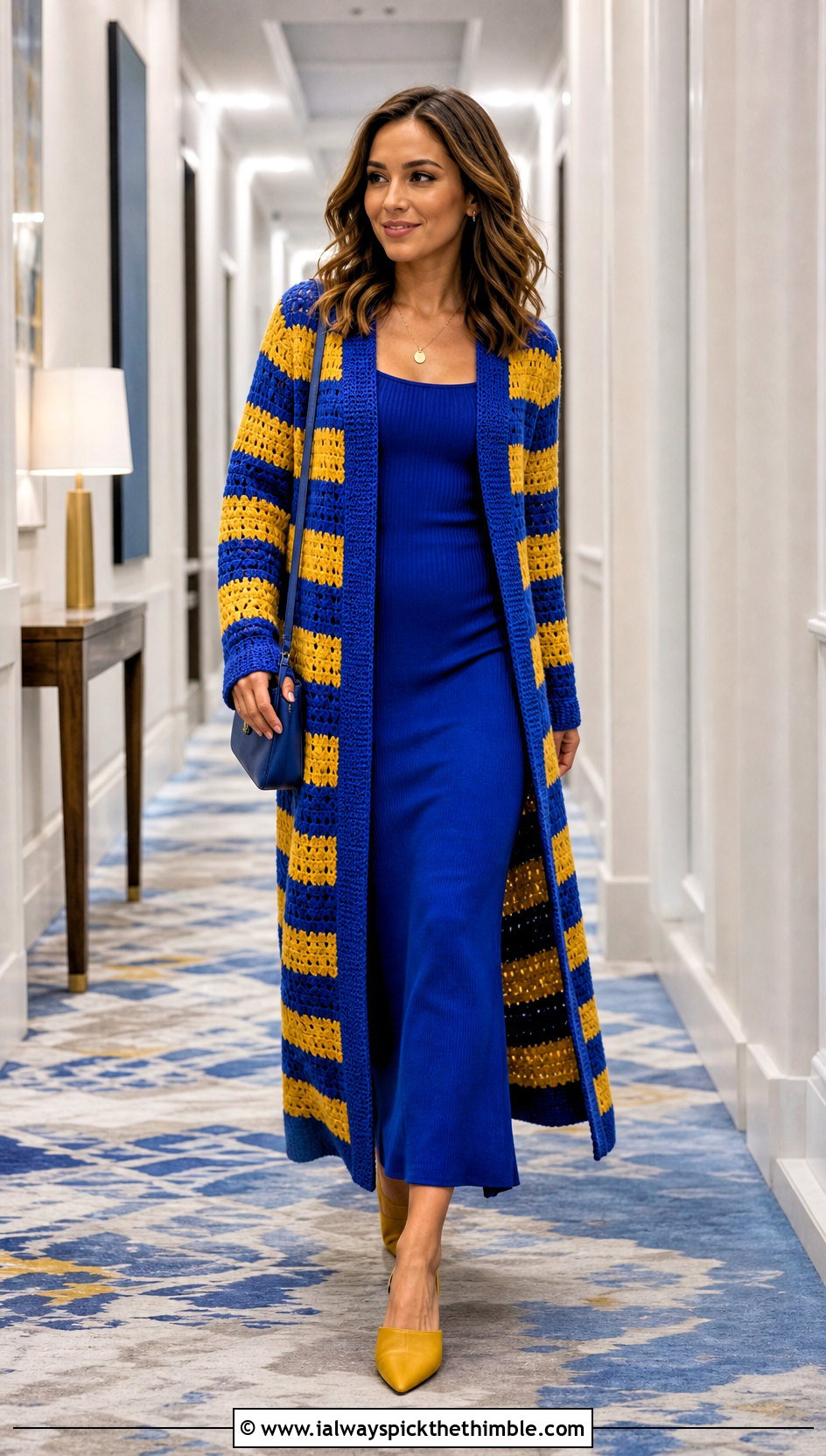 Longline Striped Crochet Cardigan With Knit Column Dress - 20 two color crochet cardigan outfit ideas