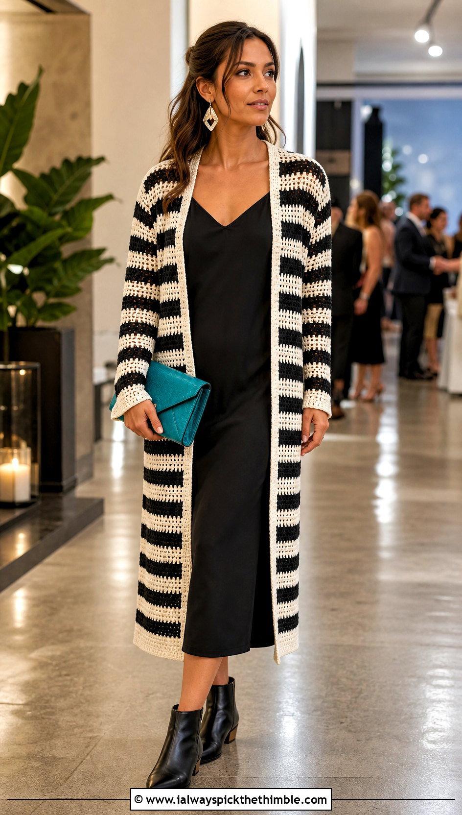 Longline Striped Crochet Sweater With Slip Dress - 20 black and white striped crochet sweater outfit ideas