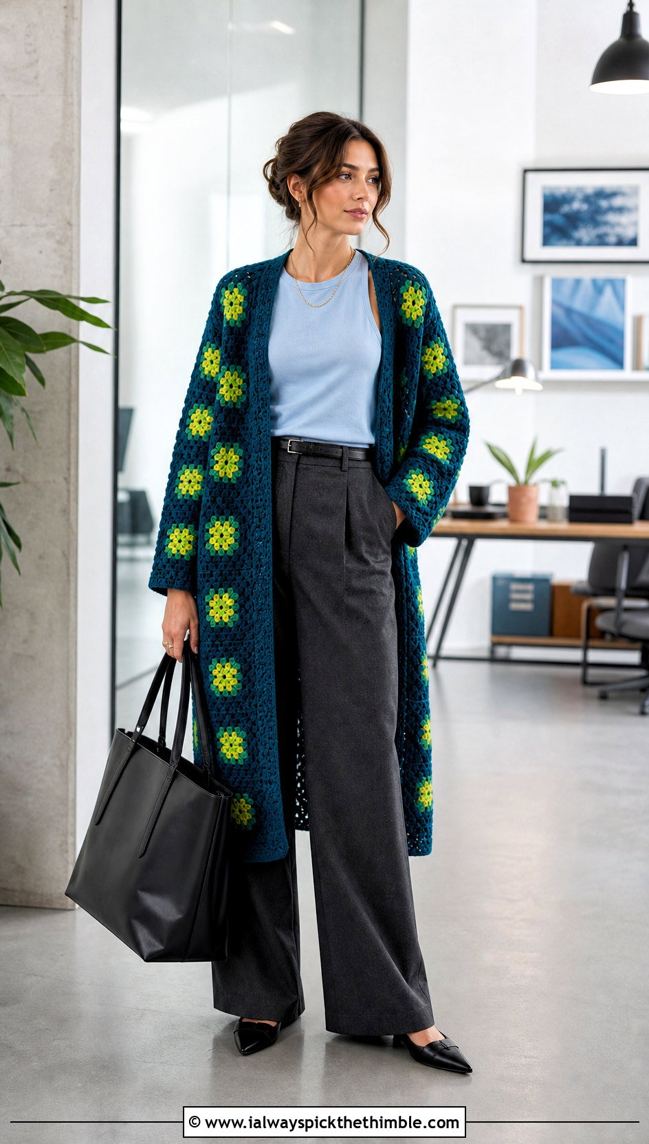 Longline Sunburst Granny Square Cardigan With Tailored Trousers - 25 sunburst granny square cardigan outfit ideas