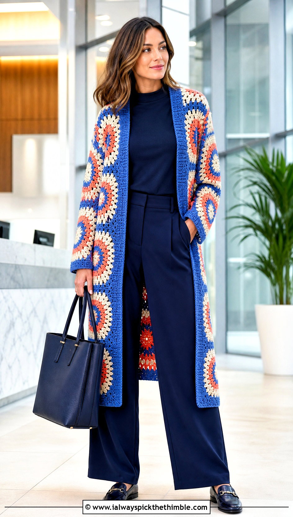 Longline Sunburst Granny Square Patchwork Cardigan With Tailored Trousers - 20 Granny Square Patchwork Cardigan outfit ideas