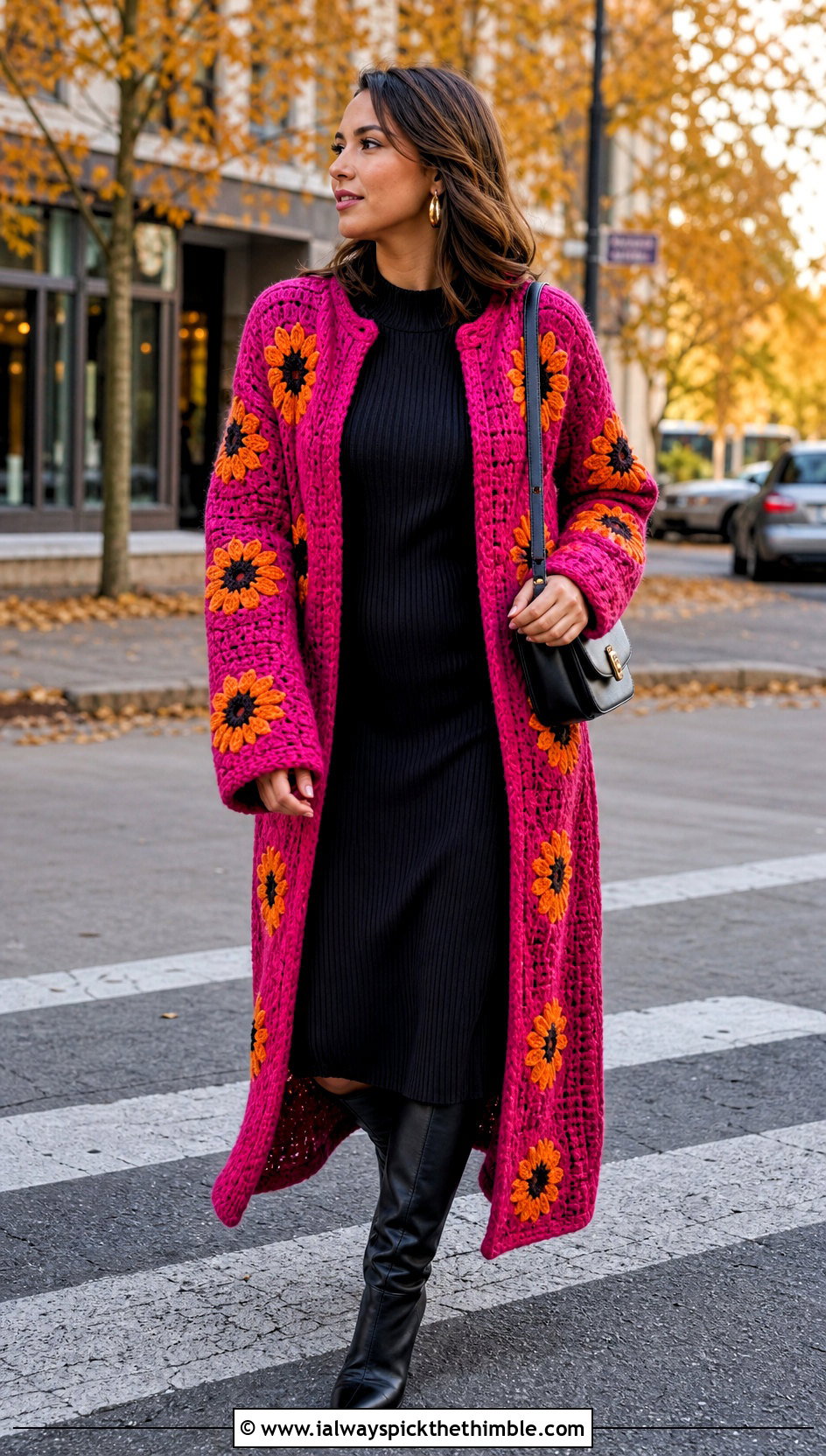 Longline Sunflower Cardigan With Knit Dress - 20 crochet flowers cardigan outfit ideas