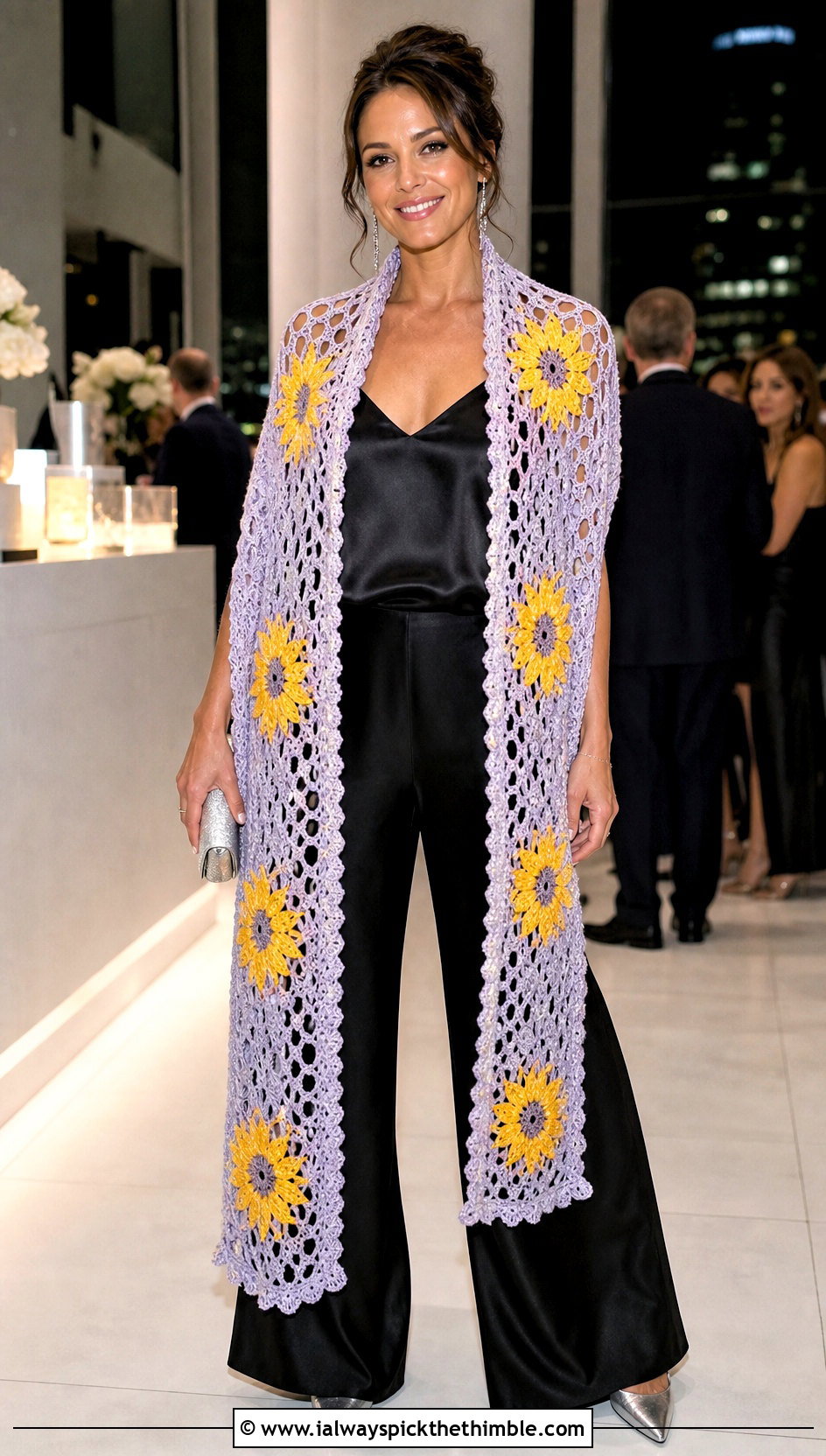 Longline Sunflower Crochet Wrap Shawl With Evening Separates - 20 Sunflower Crochet Shawl outfit ideas