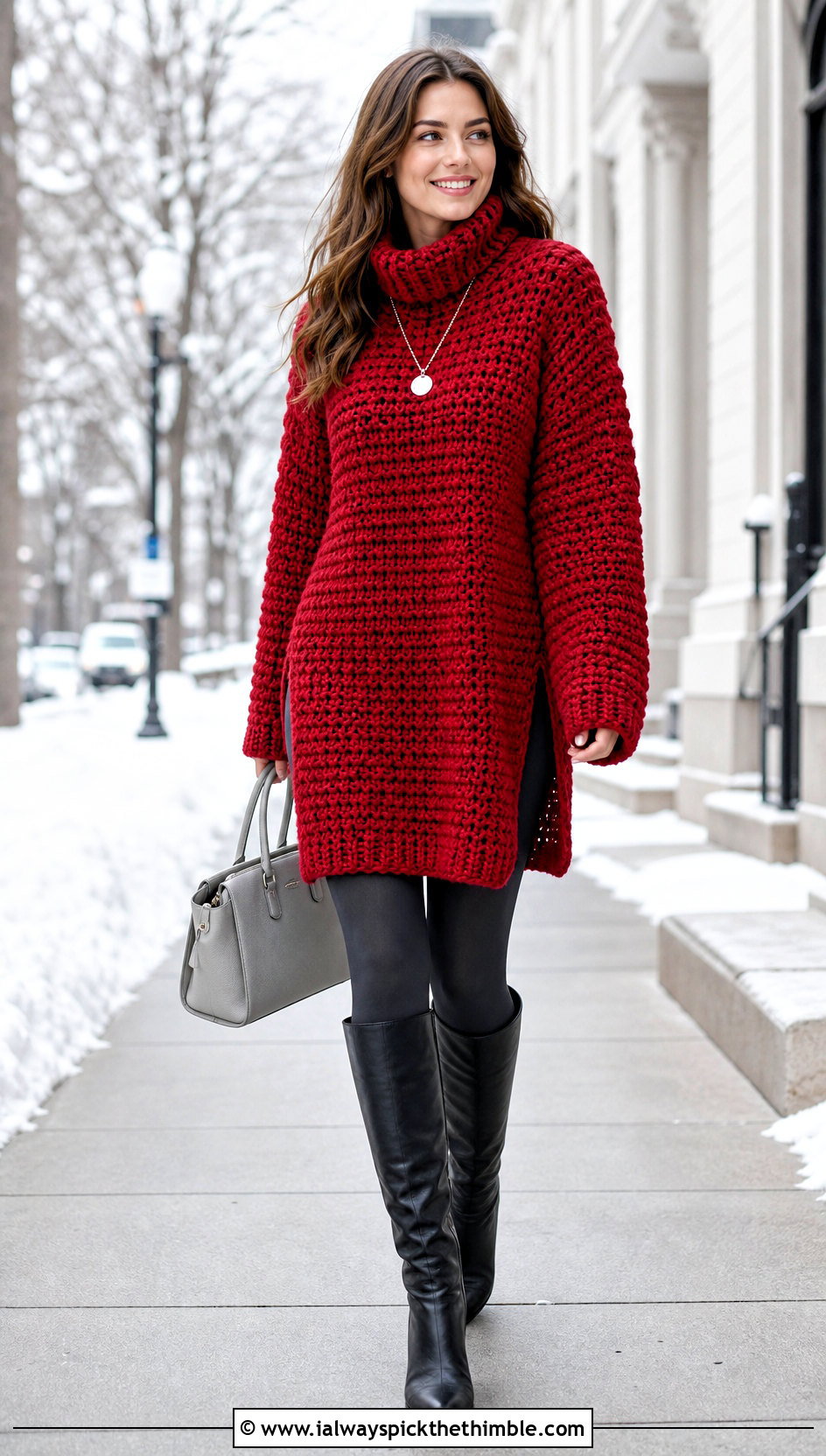 Longline Super Bulky Crochet Sweater Tunic With Knee High Boots - 20 Super Bulky Crochet Sweater outfit ideas