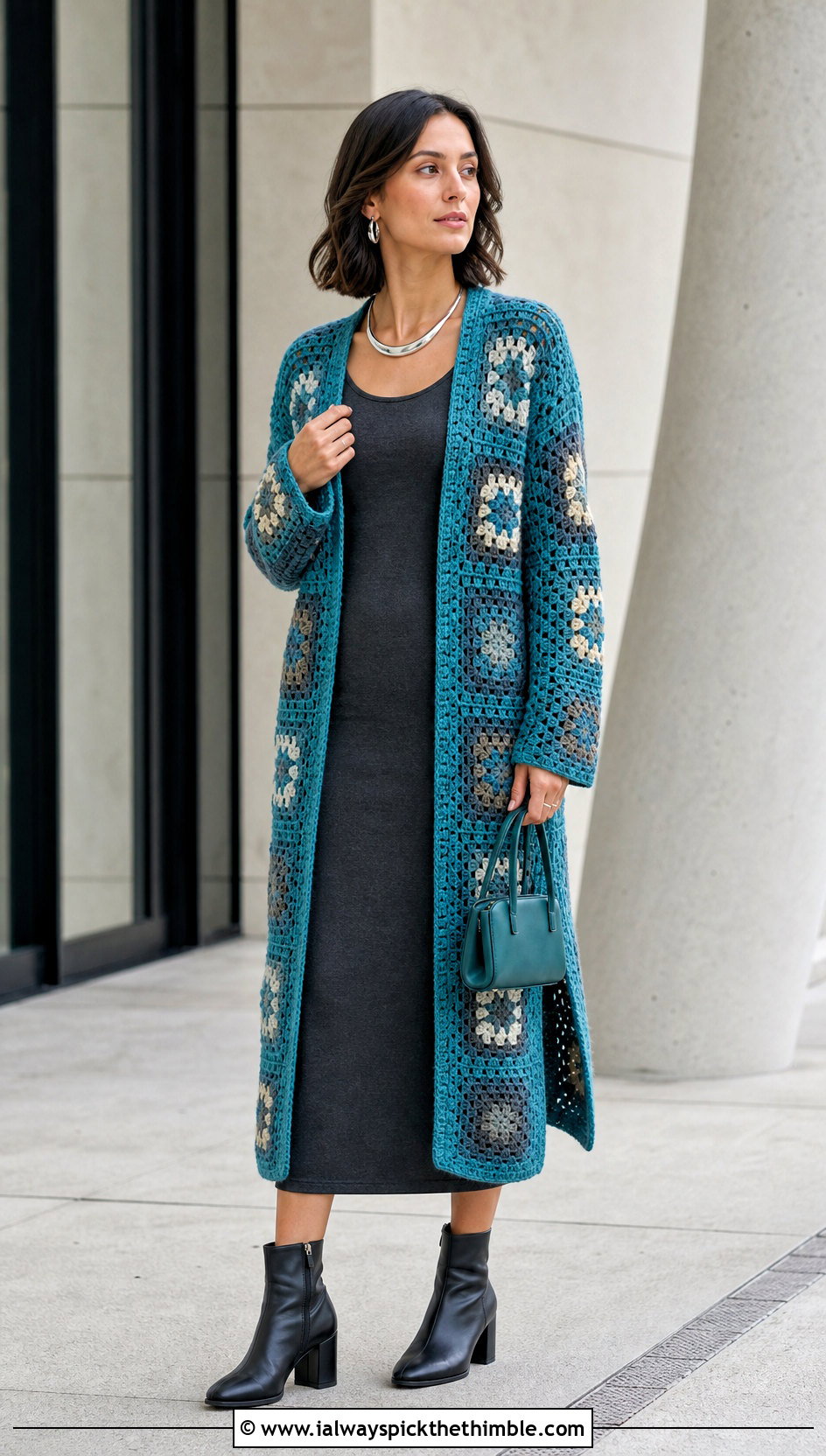 Longline Teal Blue Granny Square Cardigan With Column Dress - 20 blue granny square cardigan outfit ideas