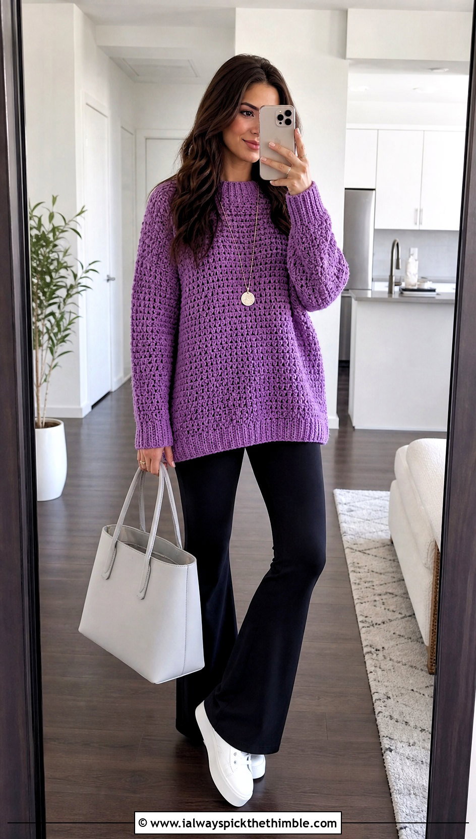 Longline Thick Yarn Crochet Sweater With Flared Leggings - 20 thick yarn crochet sweater outfit ideas